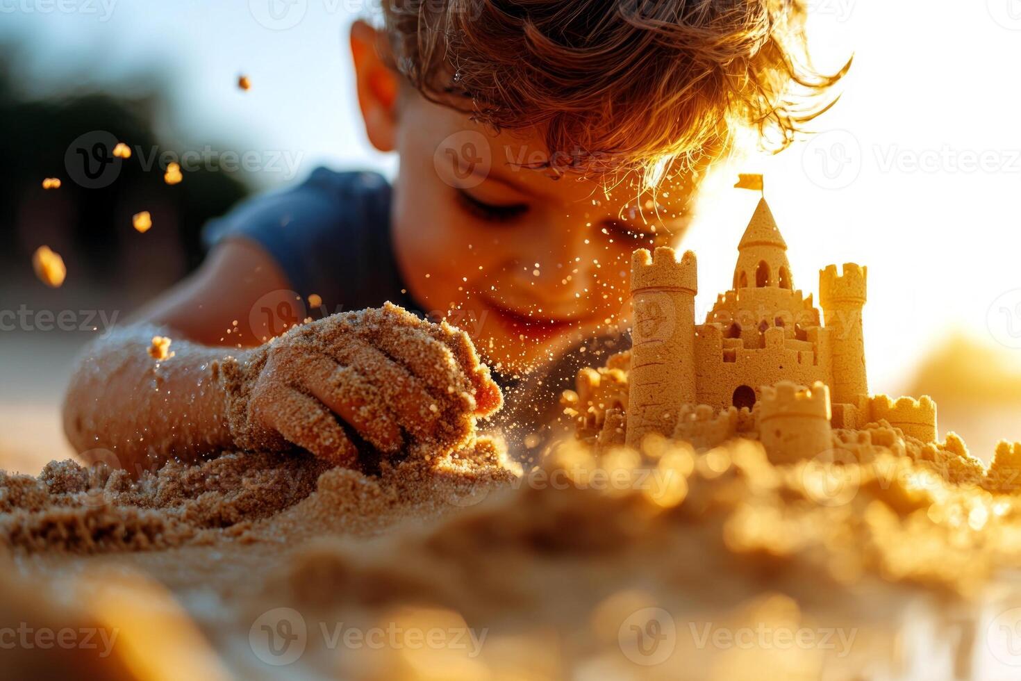 Middle Eastern boy focuses intently while building elaborate sandcastle on beach. gentle waves crash nearby and soft morning light illuminates scene enhancing joyful atmosphere photo