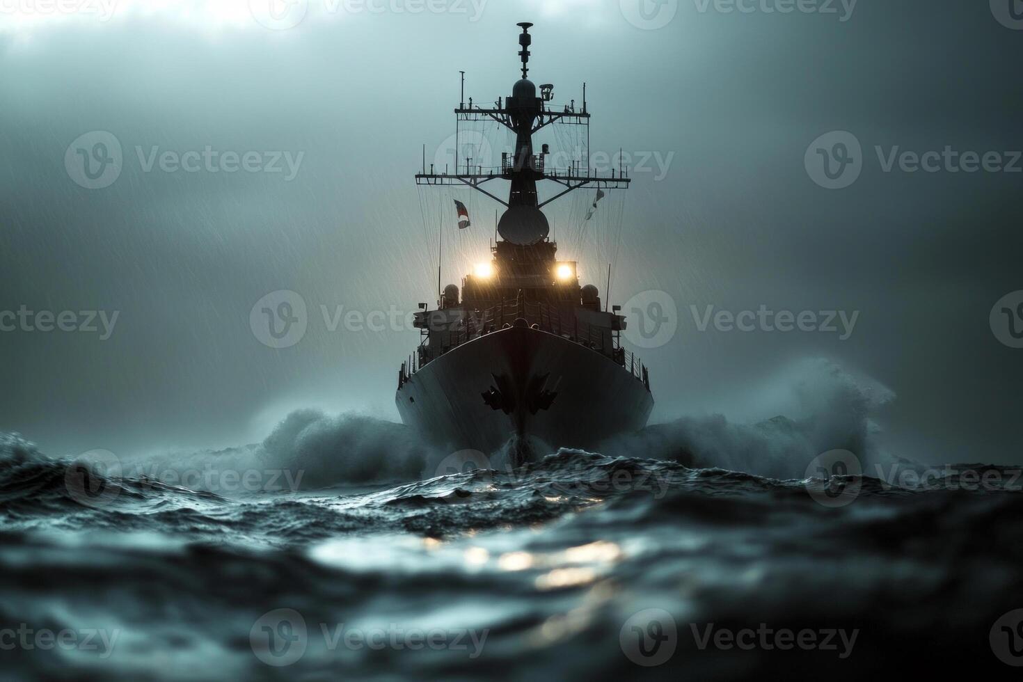 modern naval destroyer is observed in fierce storm powerfully cutting through relentless waves. Mist and spray engulf vessel as deep tones dominate atmosphere photo