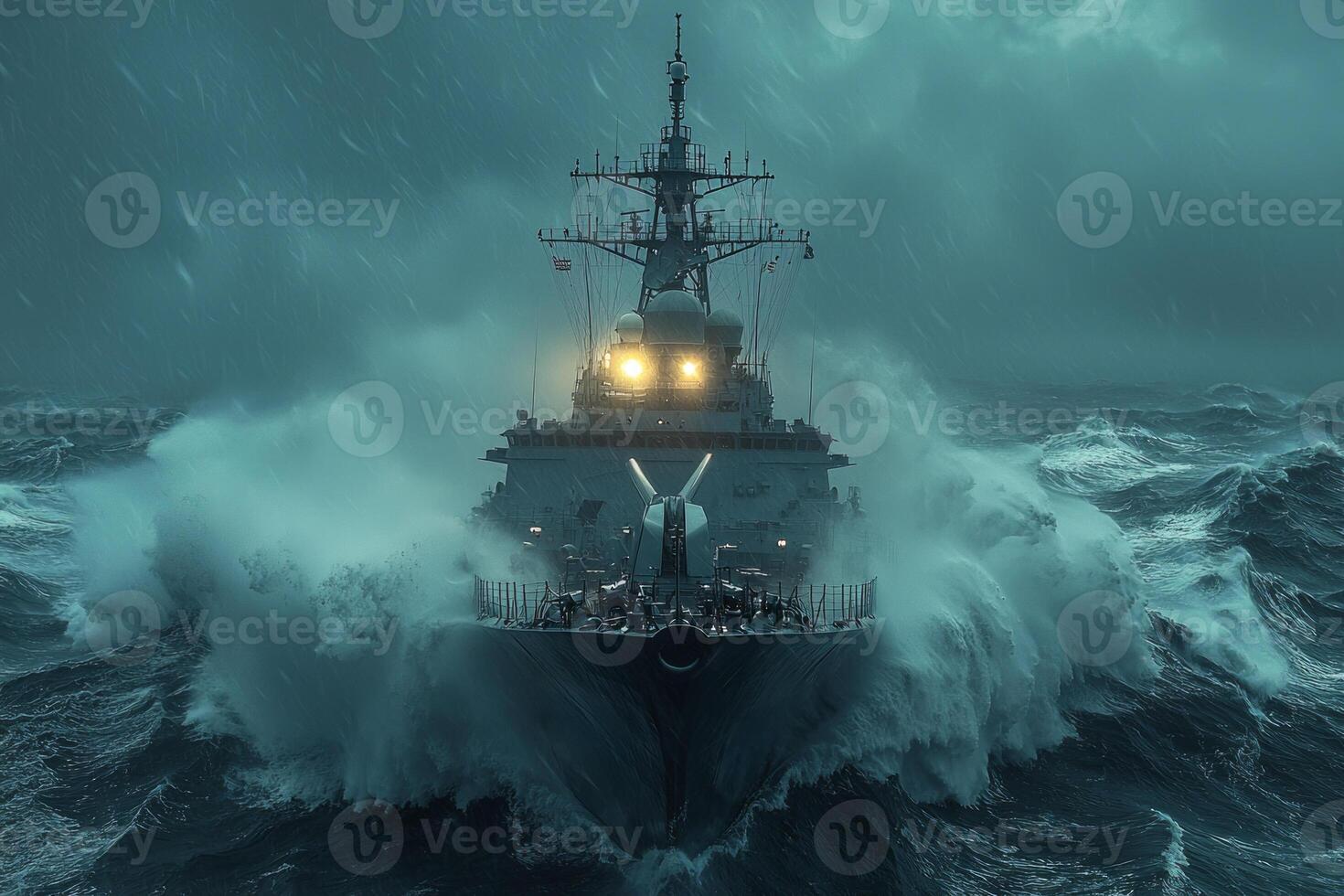 modern naval destroyer faces severe storm strong waves crashing against its hull. Mist and spray envelop vessel as it navigates through turbulent waters photo