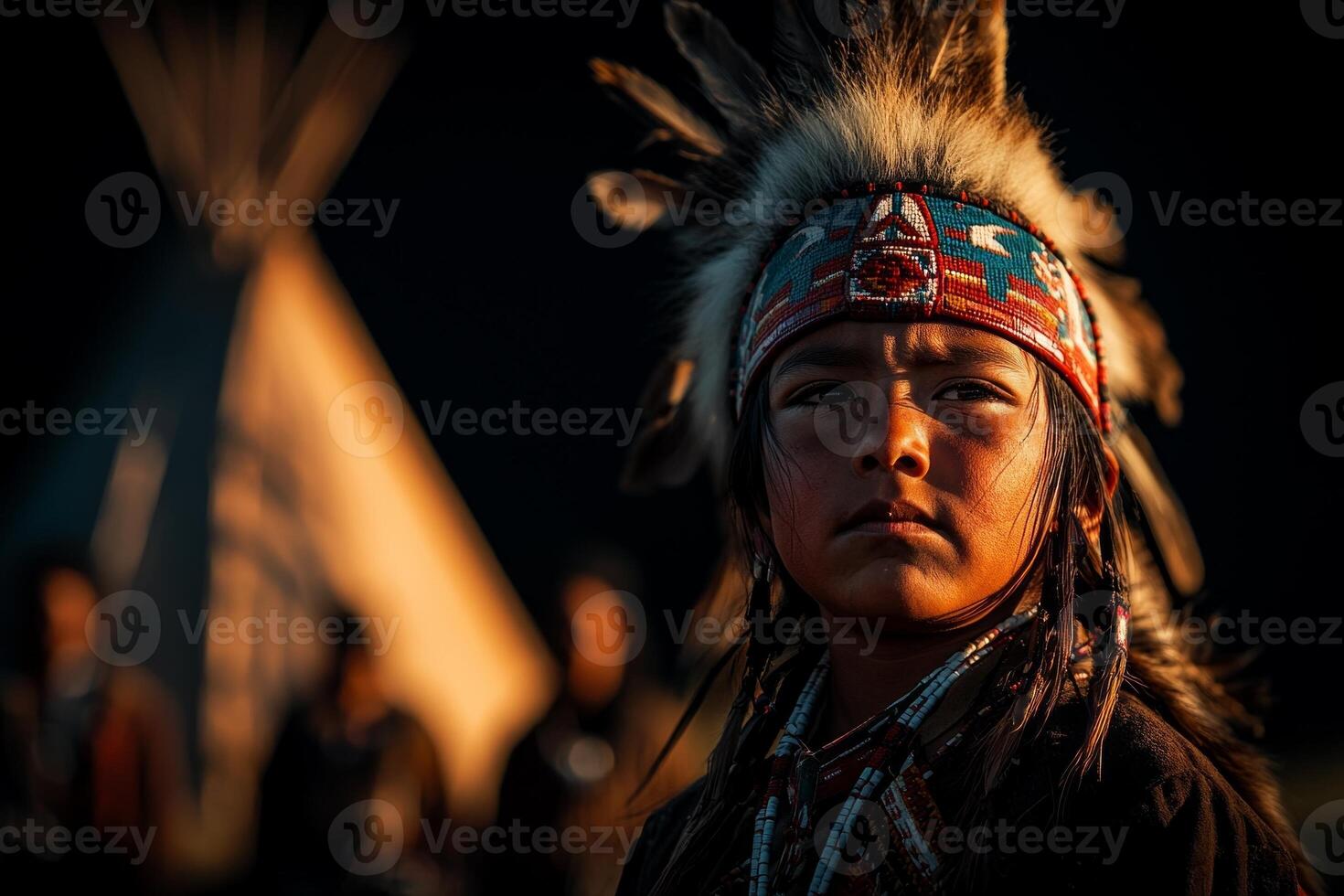 Child expresses pride in traditional attire while standing near tepee. soft evening light enhances atmosphere and cultural significance of moment photo