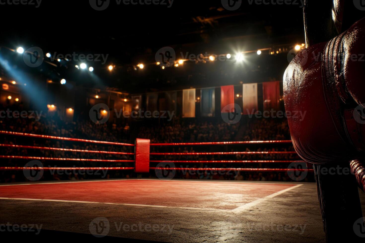 empty boxing ring stands ready for action in brightly lit arena. Banners of past champions adorn walls highlighting rich history and legacy of sport photo