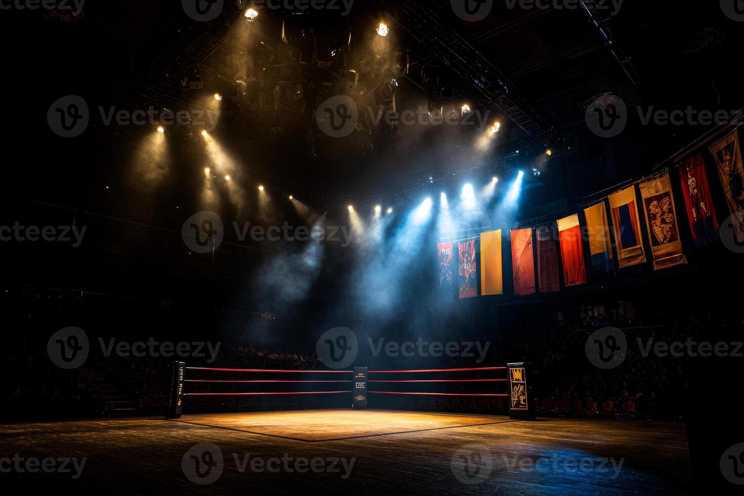 Brightly lit arena features empty boxing ring surrounded banners celebrating past champions. atmosphere evokes strong sense of history and athletic achievement photo