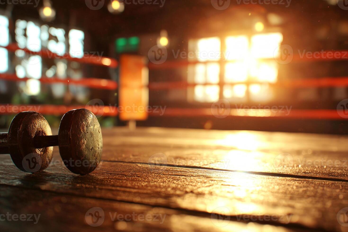 empty boxing ring sits in gym bell and timer on table nearby. Warm lighting casts rich shadows creating serene yet intense atmosphere for training photo