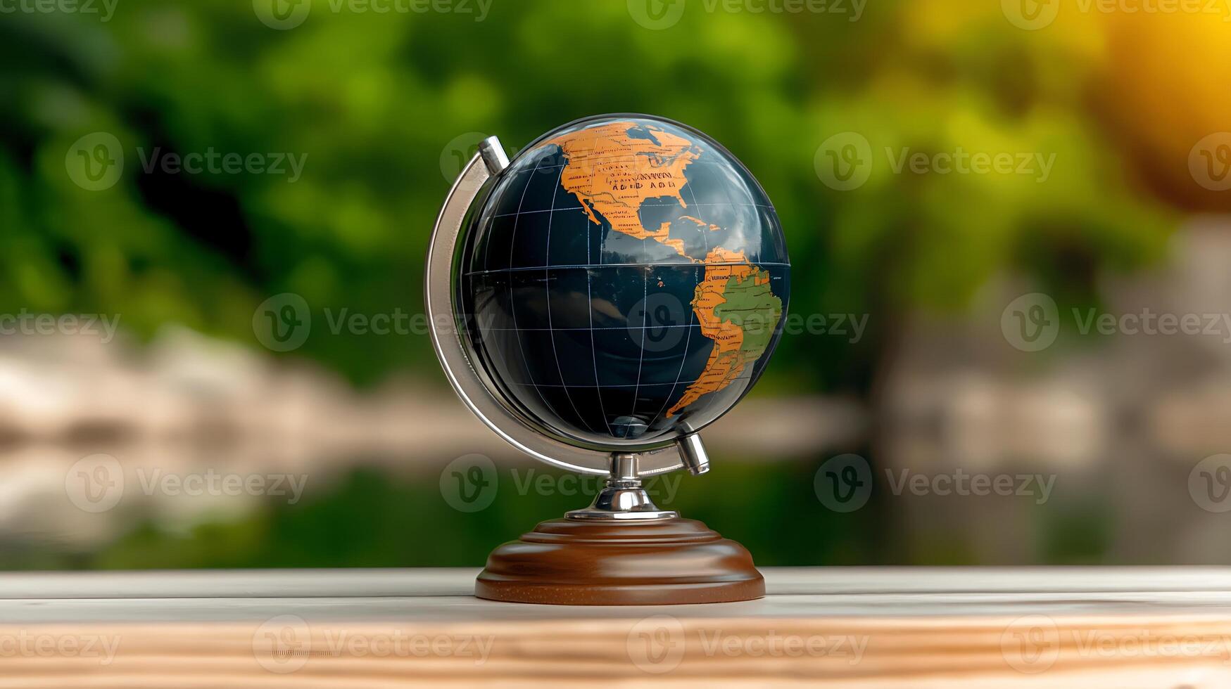 A beautifully detailed globe showcasing the Americas, placed on a wooden base near a serene natural backdrop photo