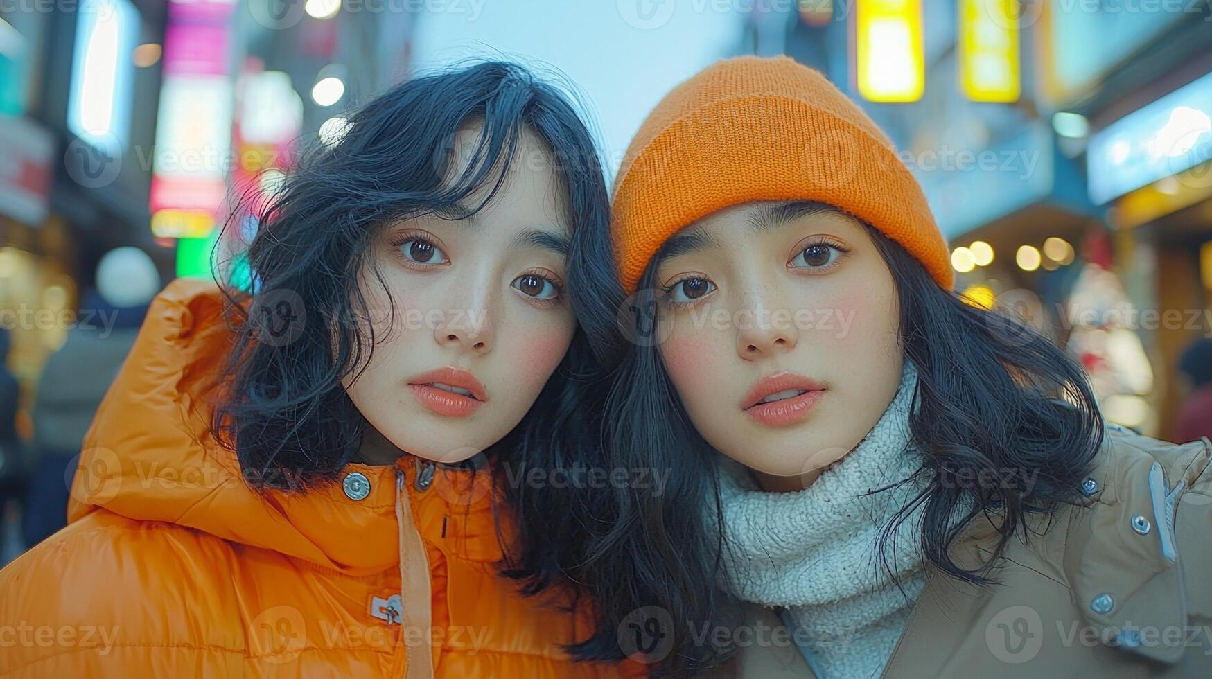 young Asian nonbinary individual walks arm in arm their partner down bustling city street. Vibrant neon signs glow in evening light creating lively atmosphere photo