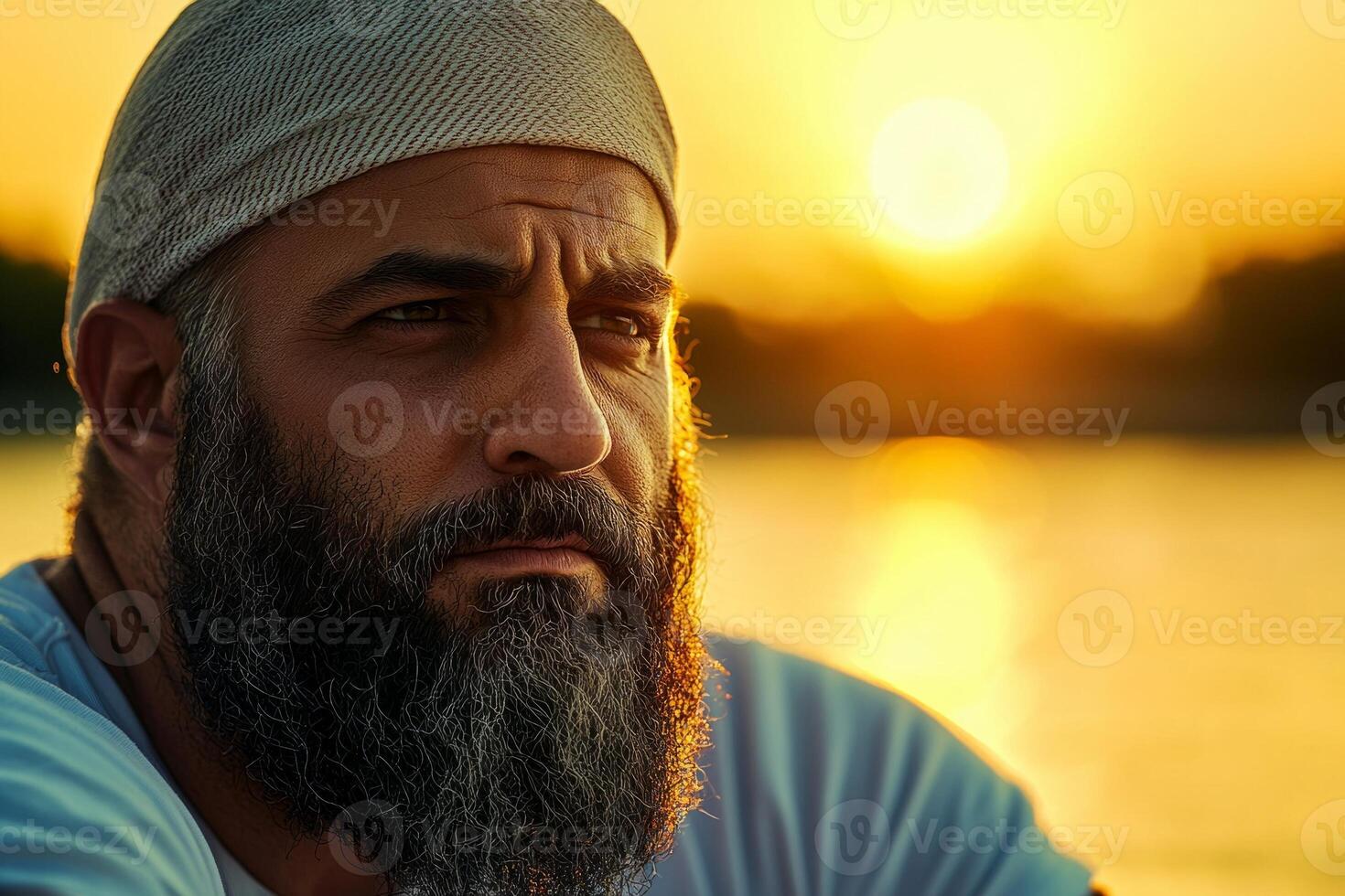 Middle Eastern rower leg prosthetic focuses intently while practicing in tranquil lake sunrise bathed in soft light and reflections of morning sun photo