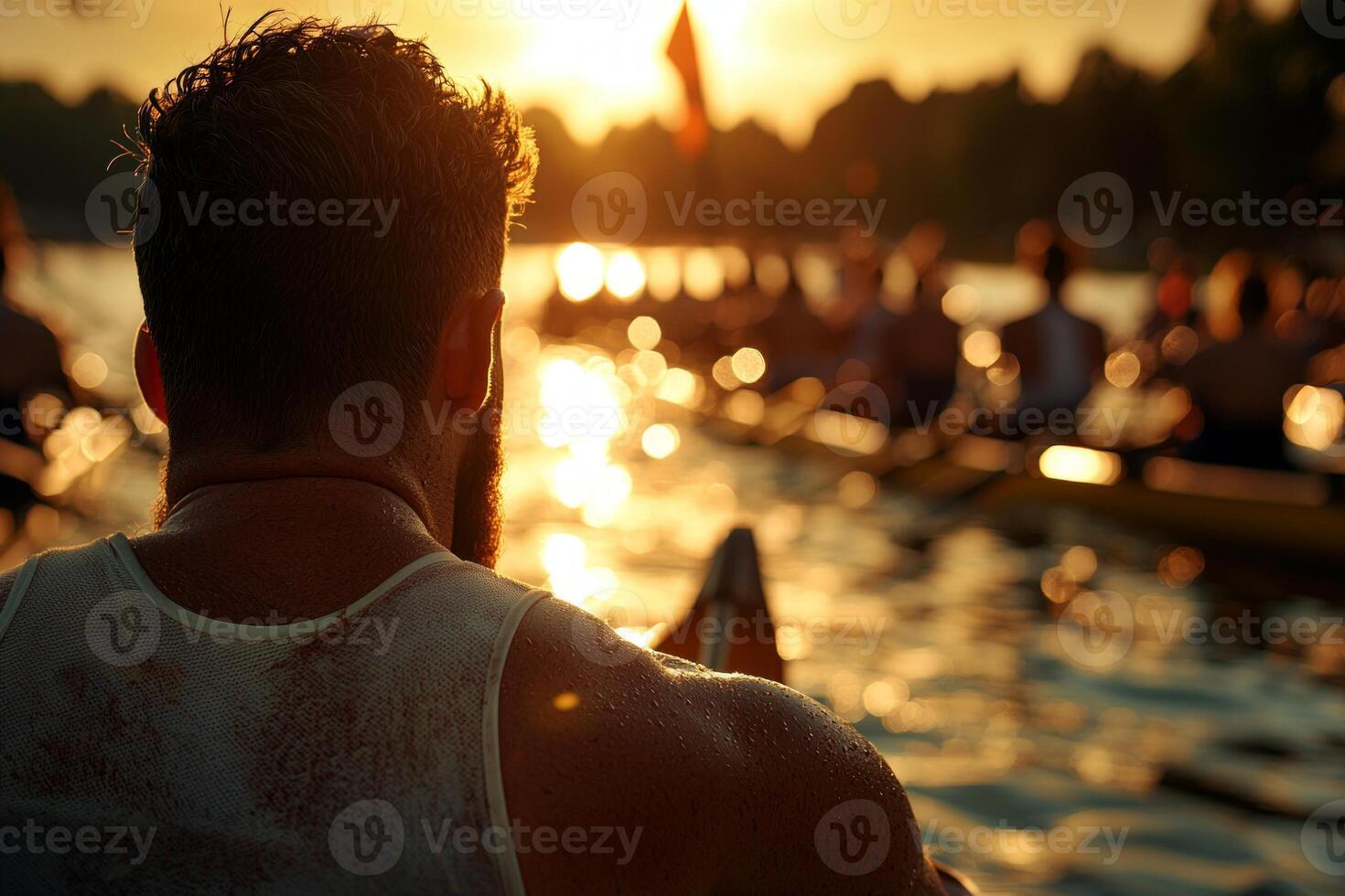 Middle Eastern rower using leg prosthetic practices on calm lake sunrise. Soft light creates reflections on water enhancing tranquil atmosphere as athlete focuses photo
