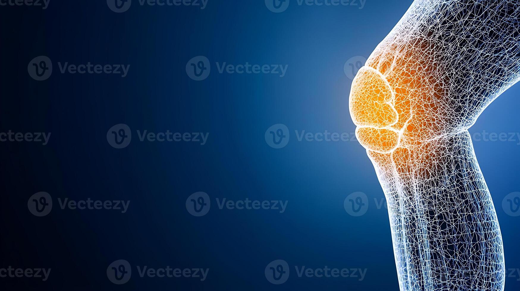 3D illustration of a knee joint with highlighted area indicating pain against a blue background photo