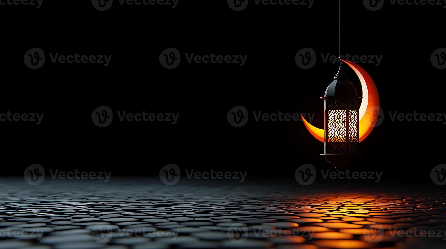 A beautifully illuminated lantern casting shadows on a cobblestone surface in a dark setting photo