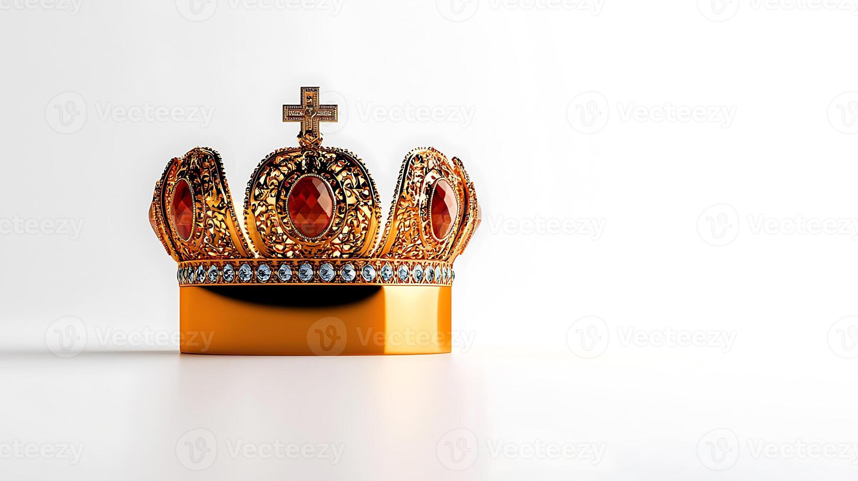 A beautifully crafted golden crown adorned with red jewels and a cross, set against a minimalist backdrop photo