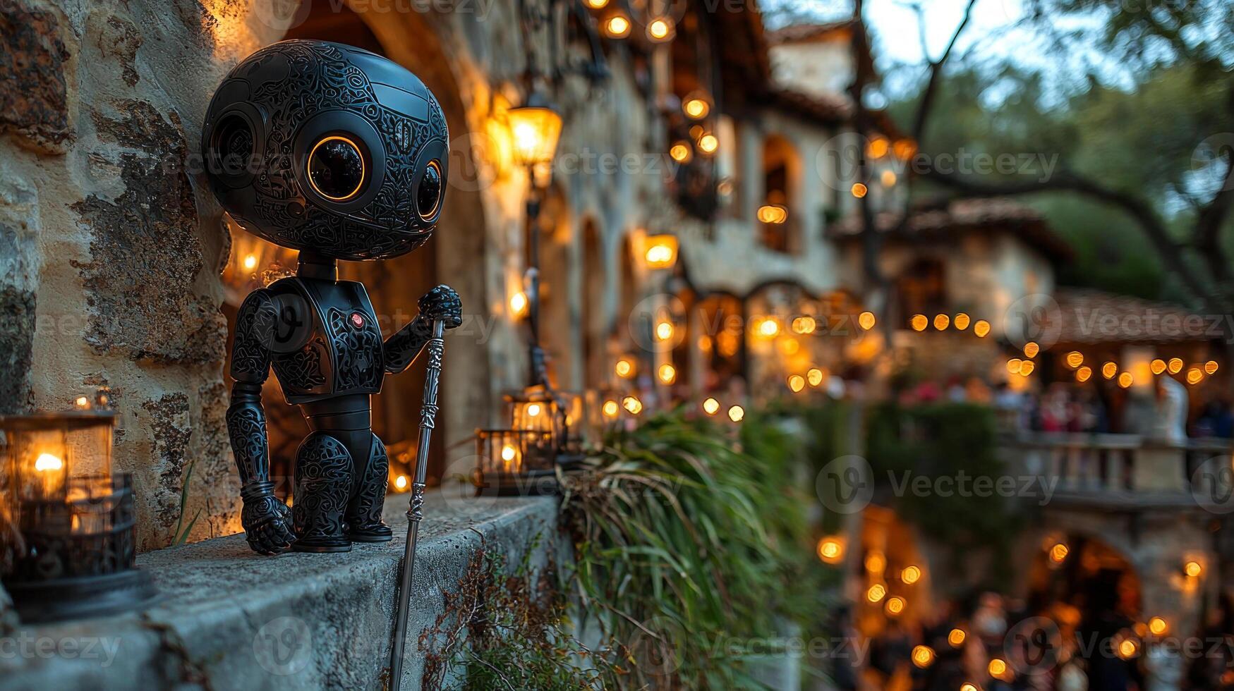robot dressed in tuxedo stands on balcony overlooking lively medieval ball illuminated soft torchlight and candelabras. atmosphere is enchanting and festive photo