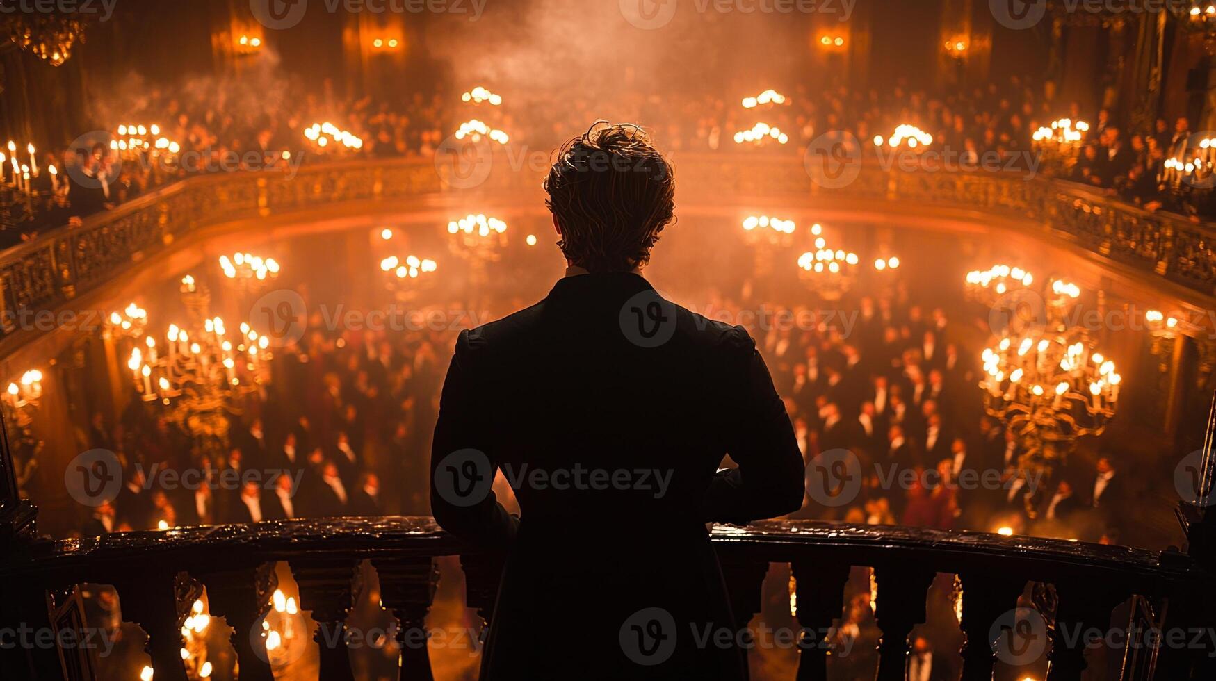 elegant robot in tuxedo stands on balcony overlooking vibrantly lit medieval ball. dance floor below is alive guests illuminated torchlight and candelabras photo