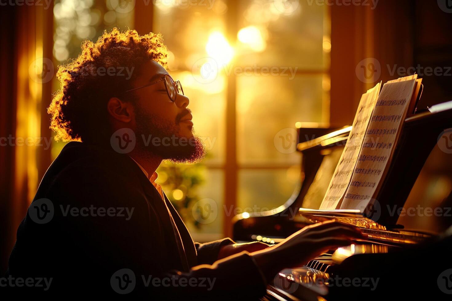 African American child sits piano playing in sunlit room. Sheet music rests on piano stand and warm light creates joyful atmosphere photo