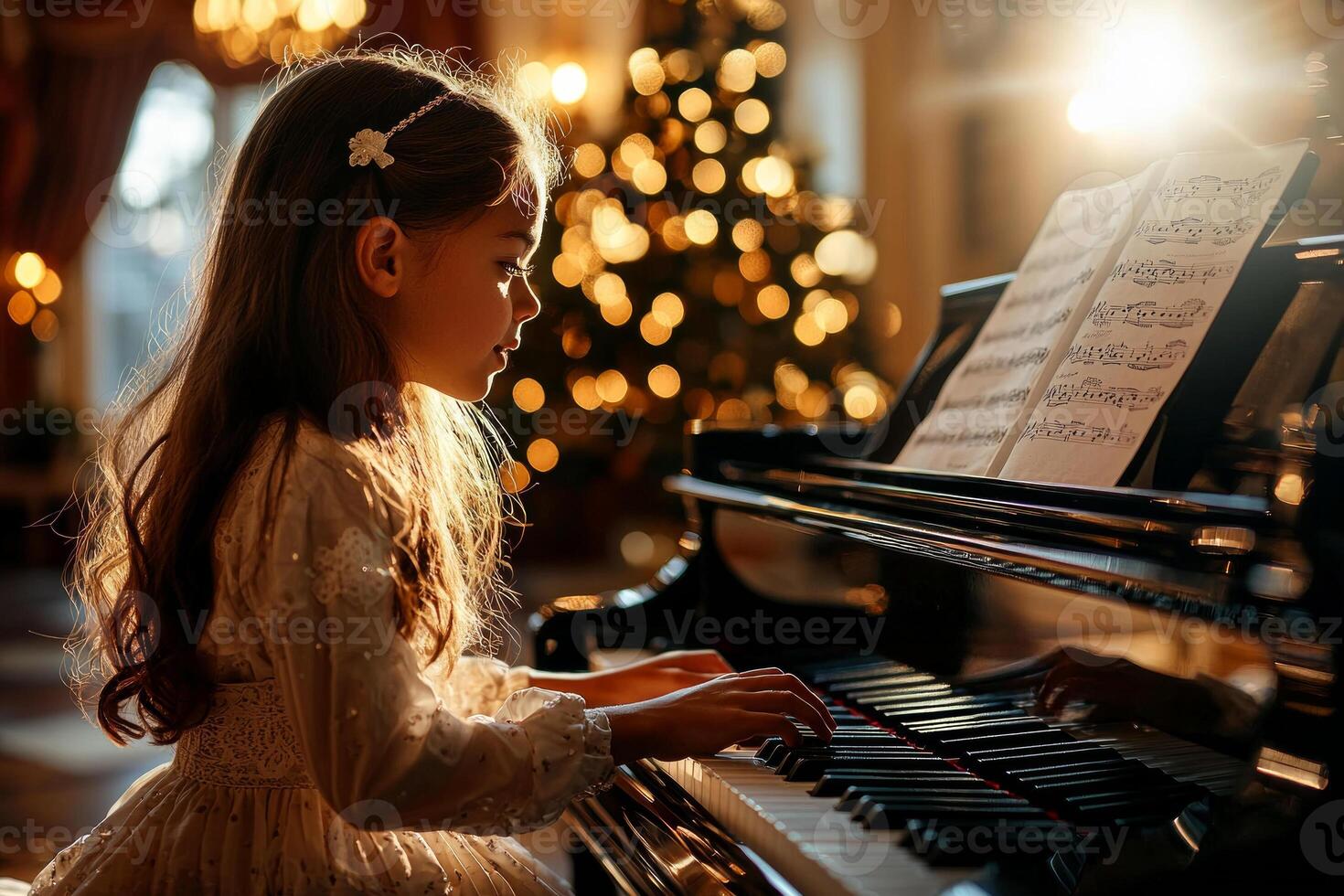 African American child plays piano focus and passion in warmly lit room adorned for holidays. Sheet music guides joyful performance creating serene atmosphere photo