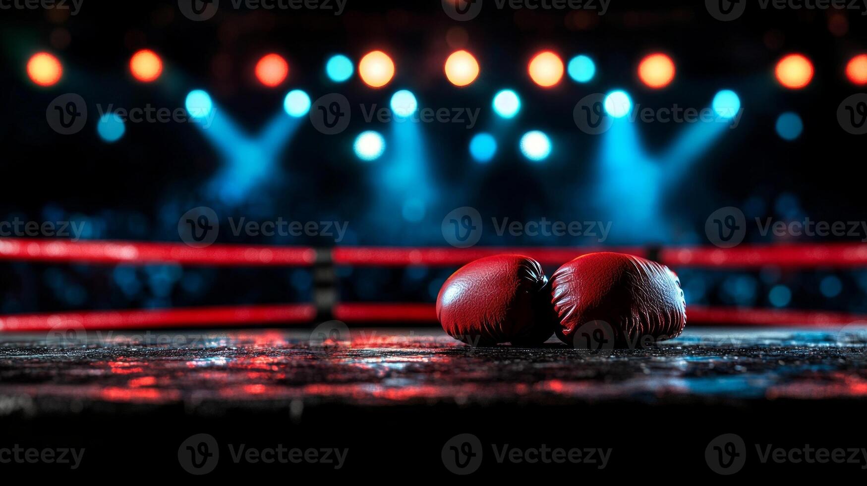shot captures empty boxing ring from spectator's viewpoint emphasizing vivid red ropes and faint spotlight illuminating center of canvas against dark backdrop photo