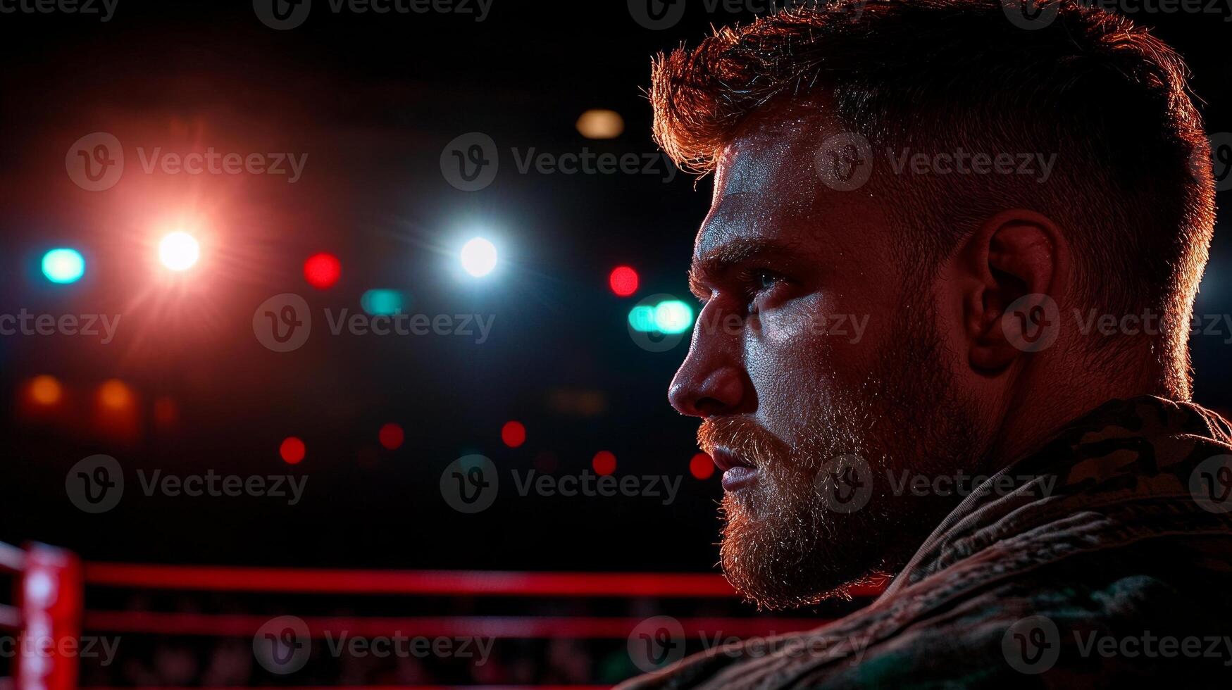 boxer stands outside ring gazing vacant canvas illuminated flickering spotlight. Ropes frame view creating intense and reflective mood in arena photo