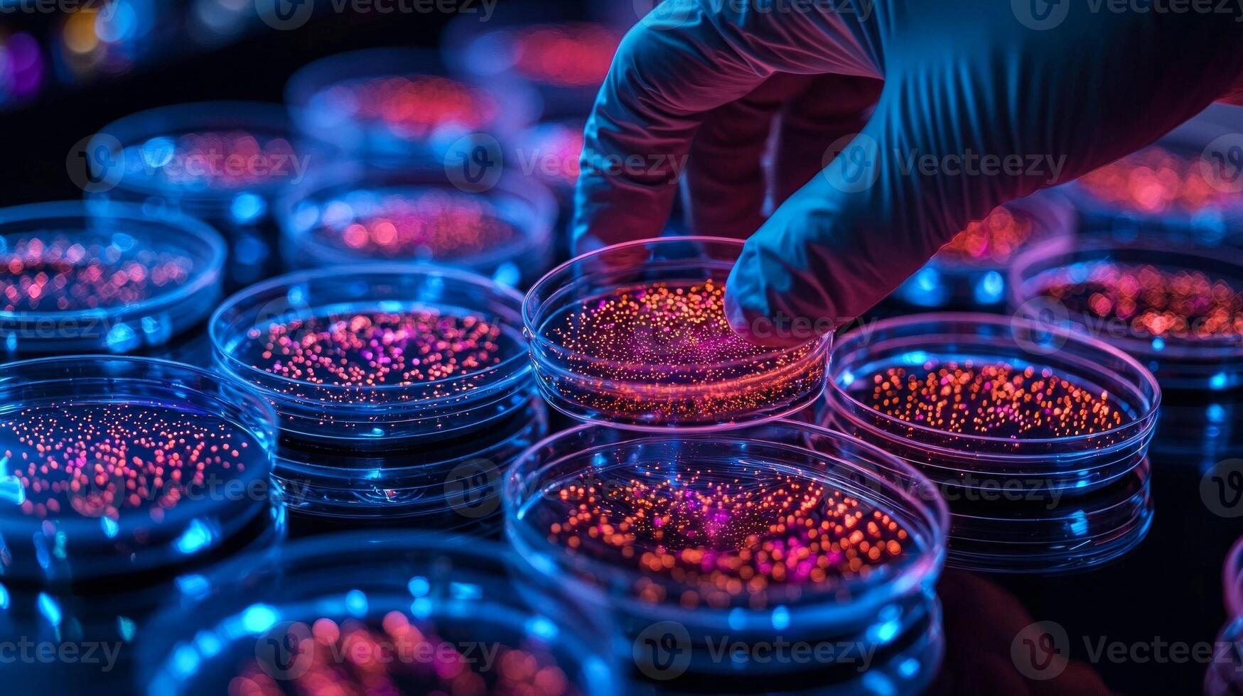 In cutting edge lab scientist in gloves carefully holds petri dish containing glowing stem cell cultures. sterile environment and advanced lighting highlight cellular details photo