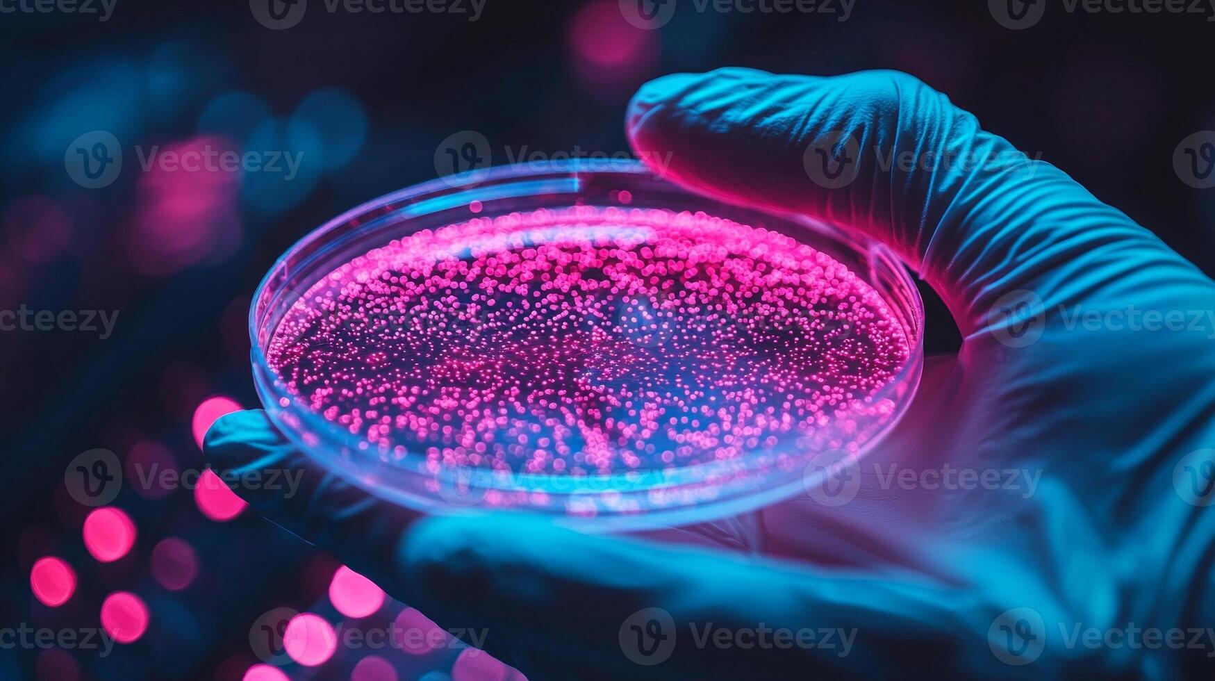 sterile conditions in cutting edge lab scientist holds glowing Petri dish containing stem cell cultures. futuristic lighting showcases cellular details photo