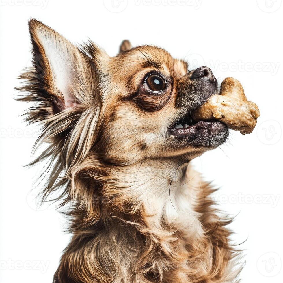 side view captures Chihuahua happily chewing on chew bone showcasing its lively expression and detailed fur against bright white backdrop photo