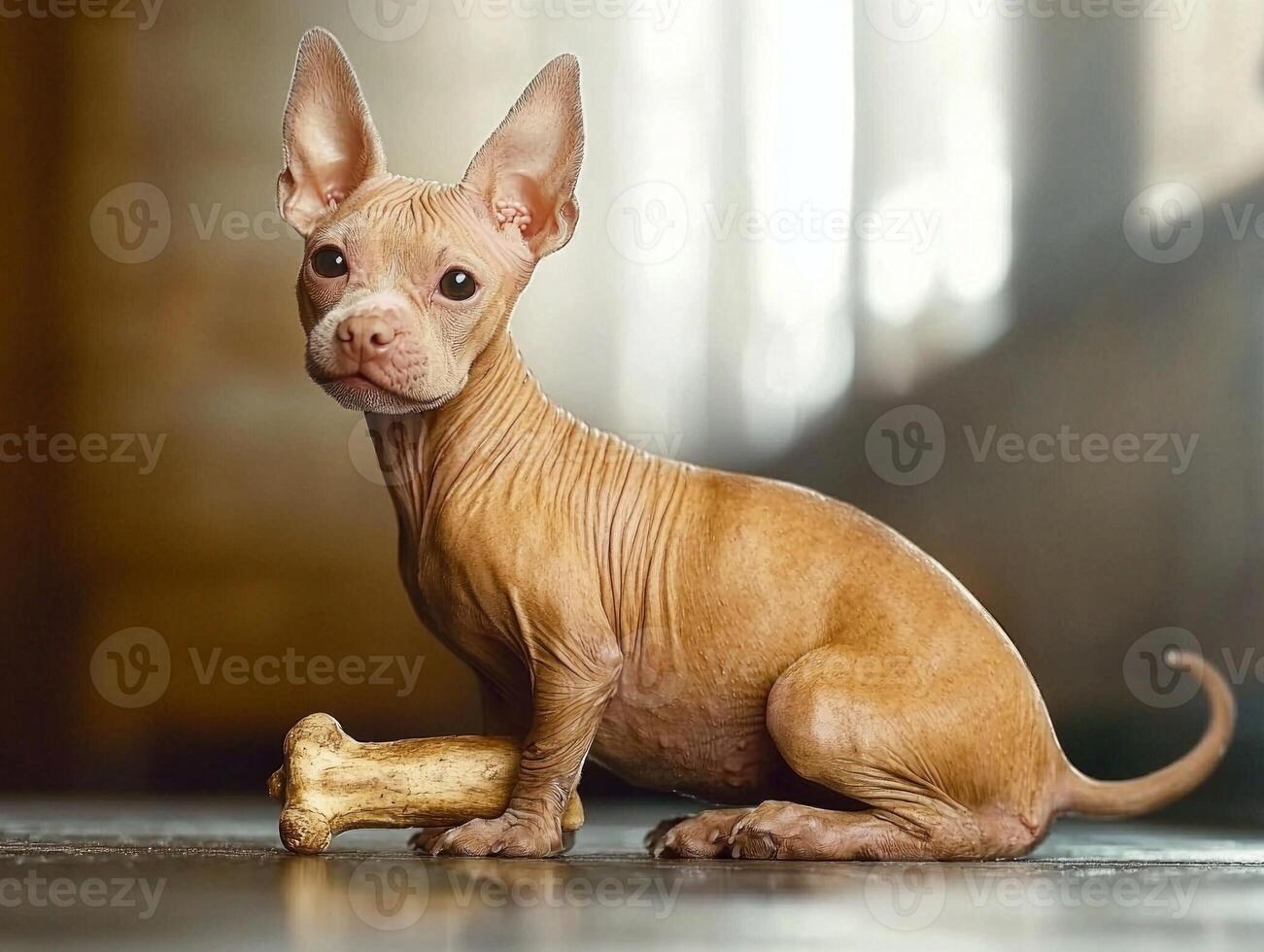 Chinese Crested Dog is chewing on bone while posing in side view against clean white backdrop. scene highlights dog's unique features and playful nature photo