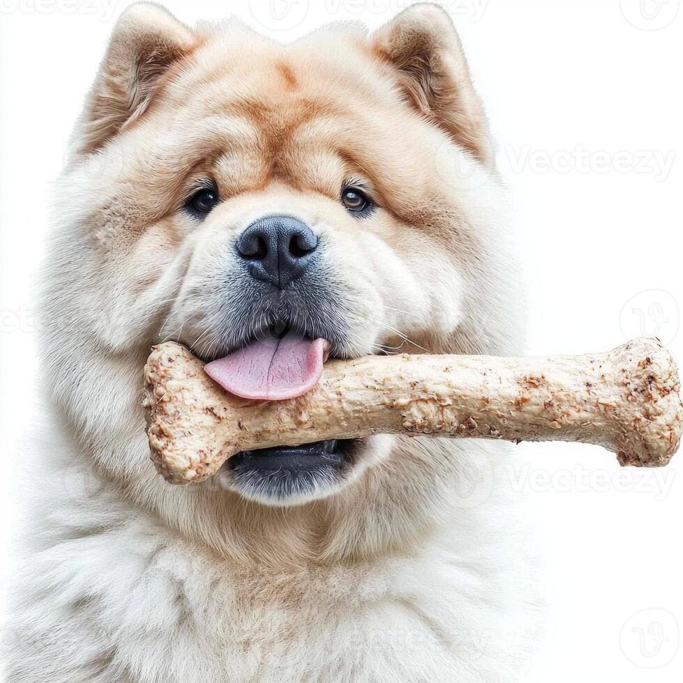 fluffy Chow Chow is chewing on large bone while sitting against clean white background. dog's expression shows contentment and enjoyment during playful moment photo