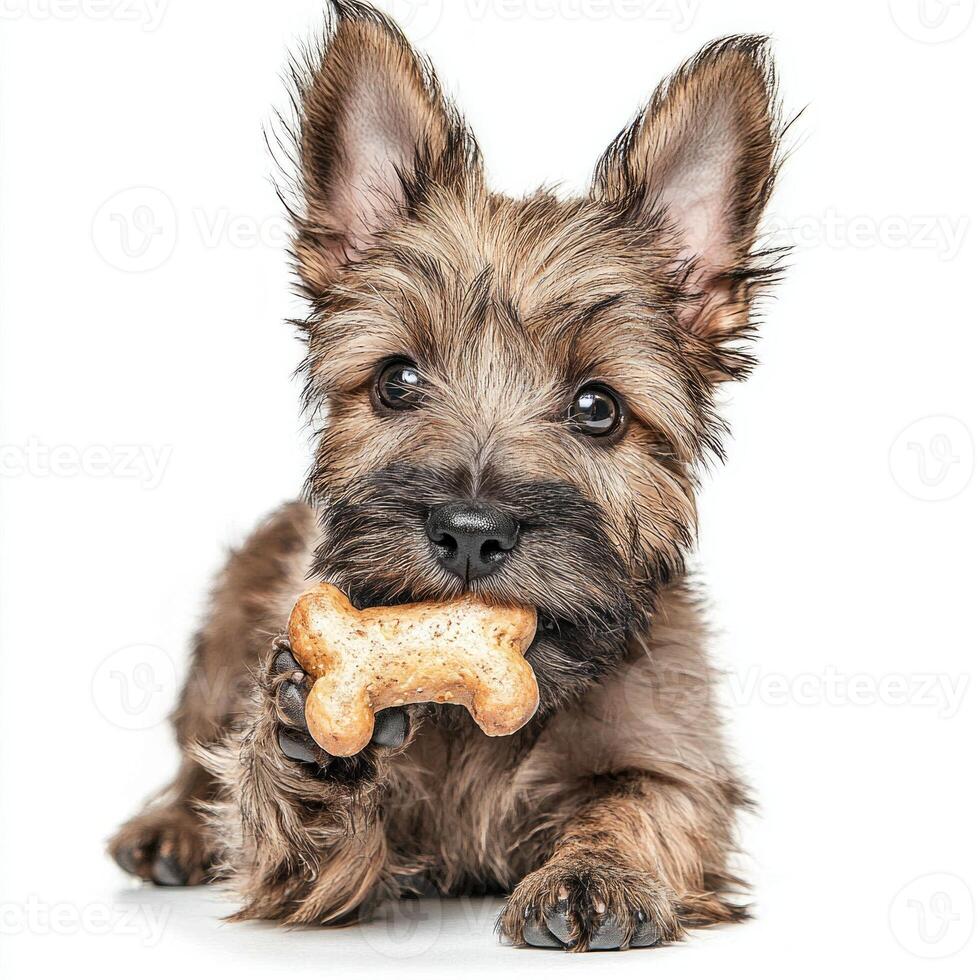 Glen of Imaal Terrier eagerly chews on bone showcasing its lively personality and fluffy texture against clean white background capturing moment of playful joy and engagement photo