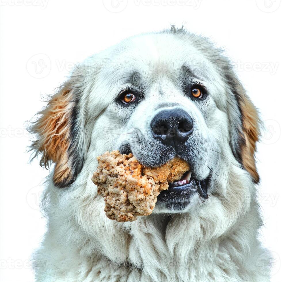 Great Pyrenees is seen in side view happily chewing on large bone against clean white background. Its fluffy fur and expressive eyes showcase its playful and relaxed demeanor photo