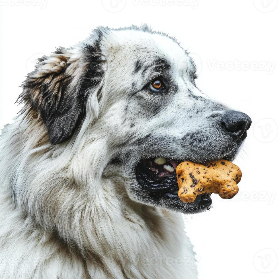 Great Pyrenees poses in profile while enthusiastically chewing on bone. fur is fluffy and white and dog's eyes show focused enjoyment photo