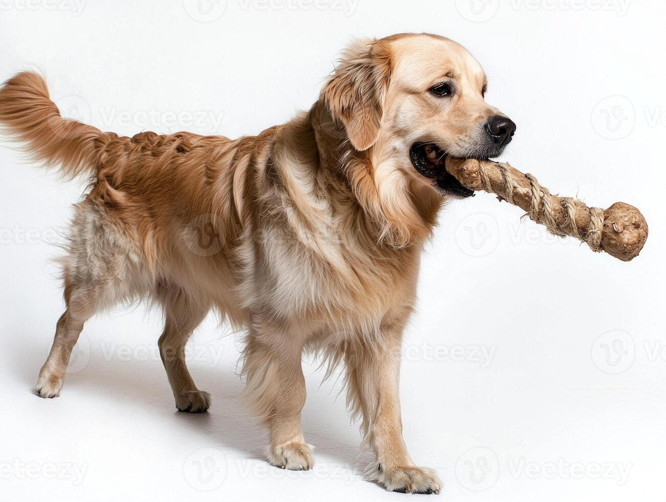 Golden Retriever is happily chewing on large bone while standing on clean white surface. dog's playful attitude is evident as it engages toy photo