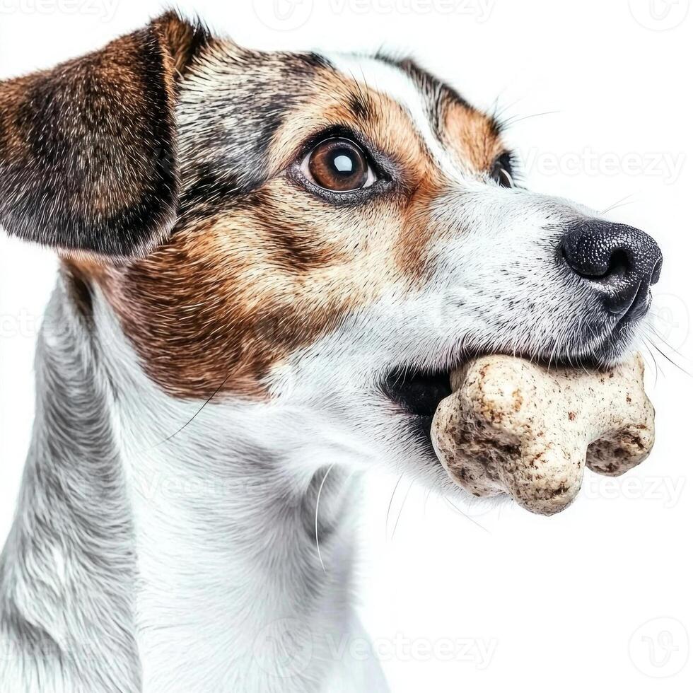 playful Jack Russell Terrier is enjoying chew on bone showcasing its energetic personality. happy dog sits on clean white backdrop making it center of attention photo