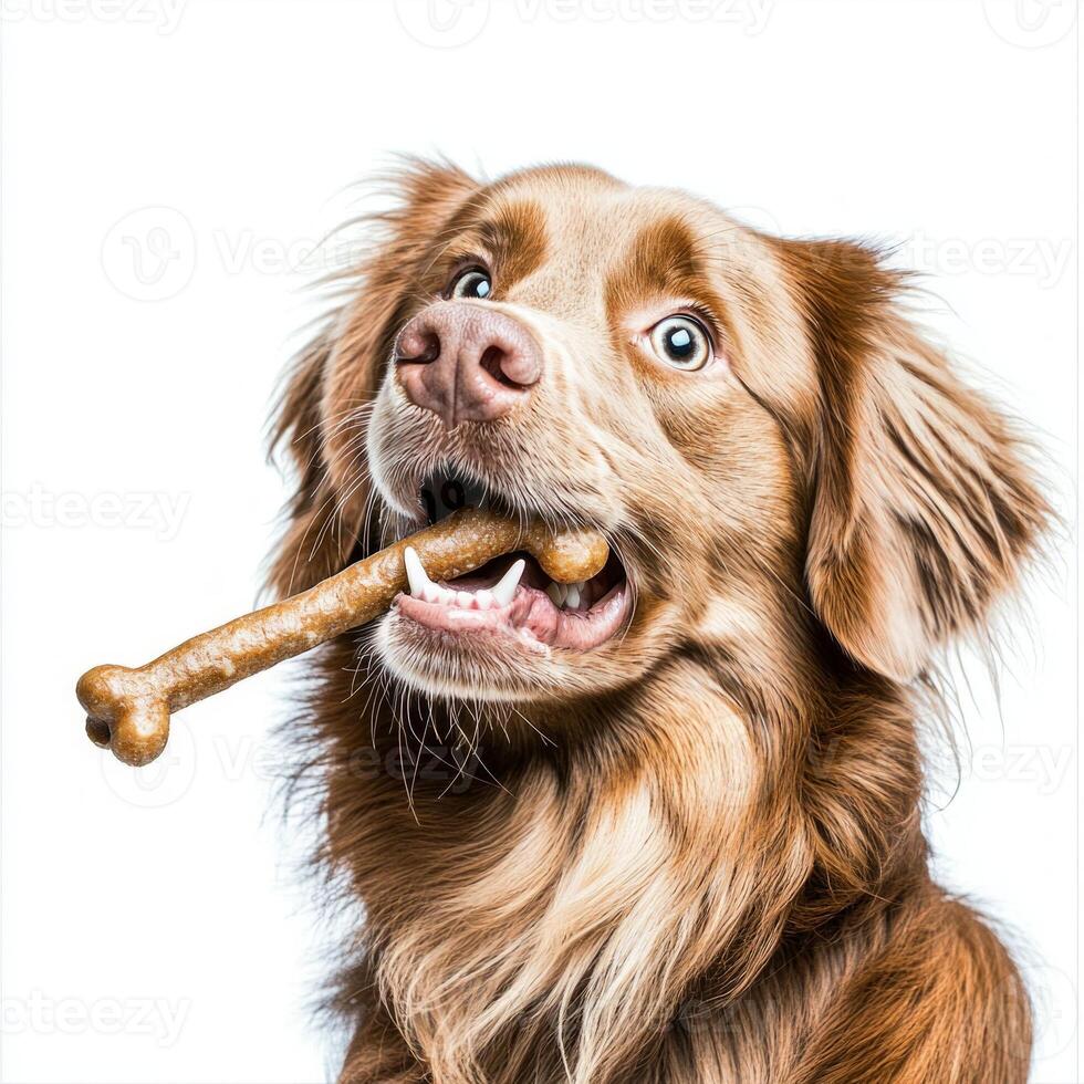 Nova Scotia Duck Tolling Retriever is happily chewing on bone against clean and bright white background showcasing its playful nature and vivid fur colors making moment extra lively photo