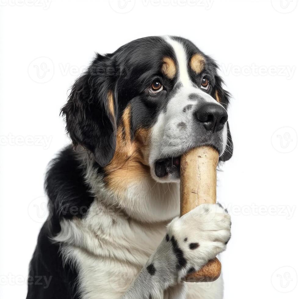 Rafeiro do Alentejo is seen from side intently chewing on large bone. clean white background highlights dog's features and focused demeanor creating striking visual photo