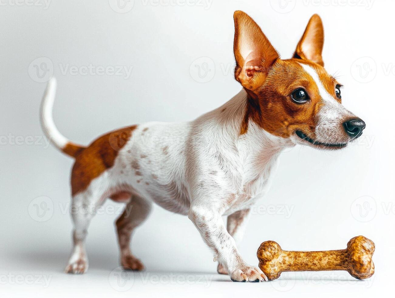Rat Terrier is seen from side happily chewing on bone. dog features playful expression and has clean shiny coat. background is bright and simple photo