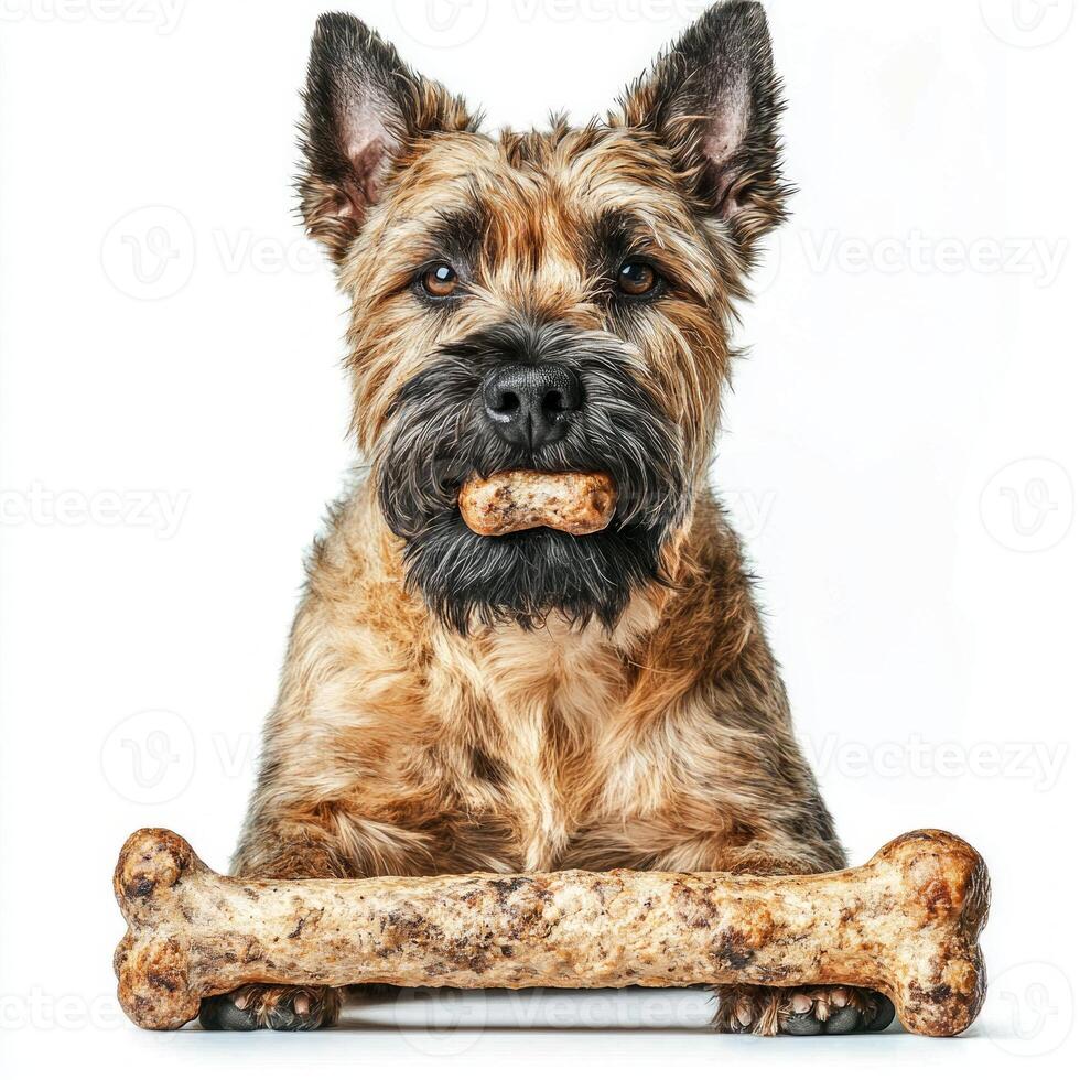 Soft Coated Wheaten Terrier is seen in side view contentedly chewing on bone showcasing its distinct fur and playful demeanor set on clean white background photo