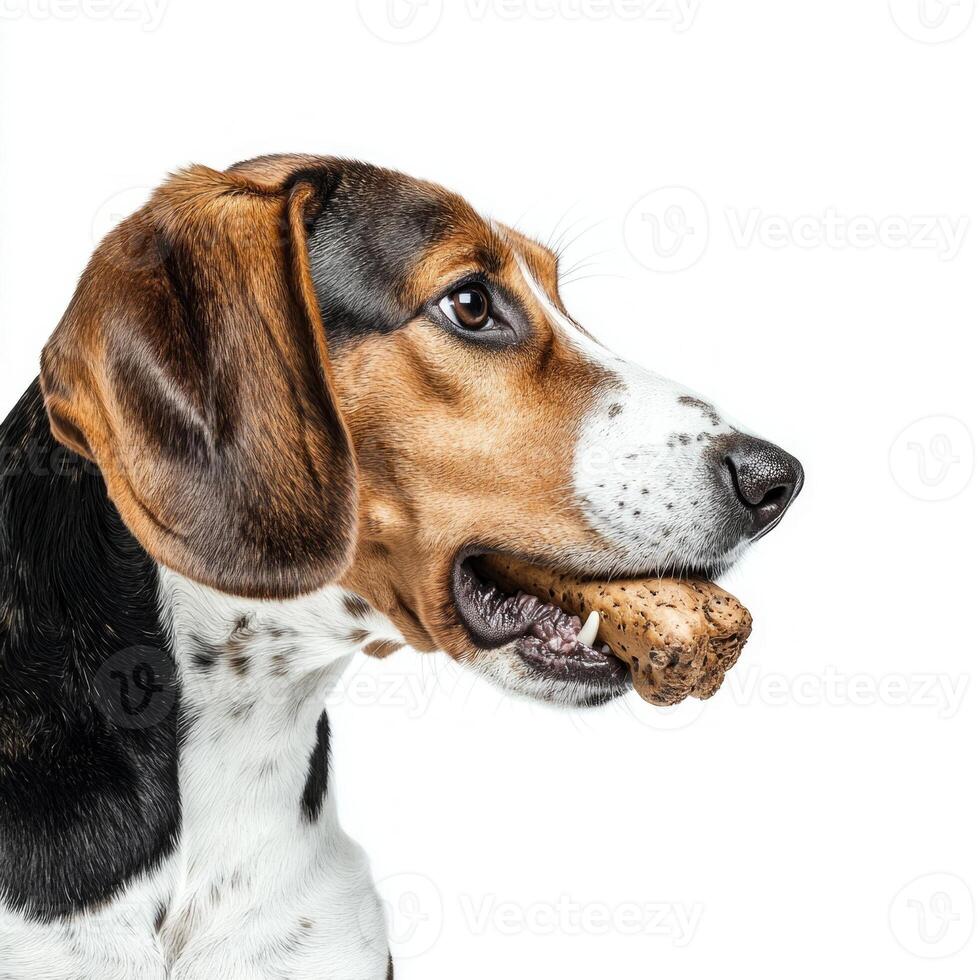 Treeing Walker Coonhound enjoys chewing on bone showcasing its alert expression and beautiful coat set against minimalist white background photo