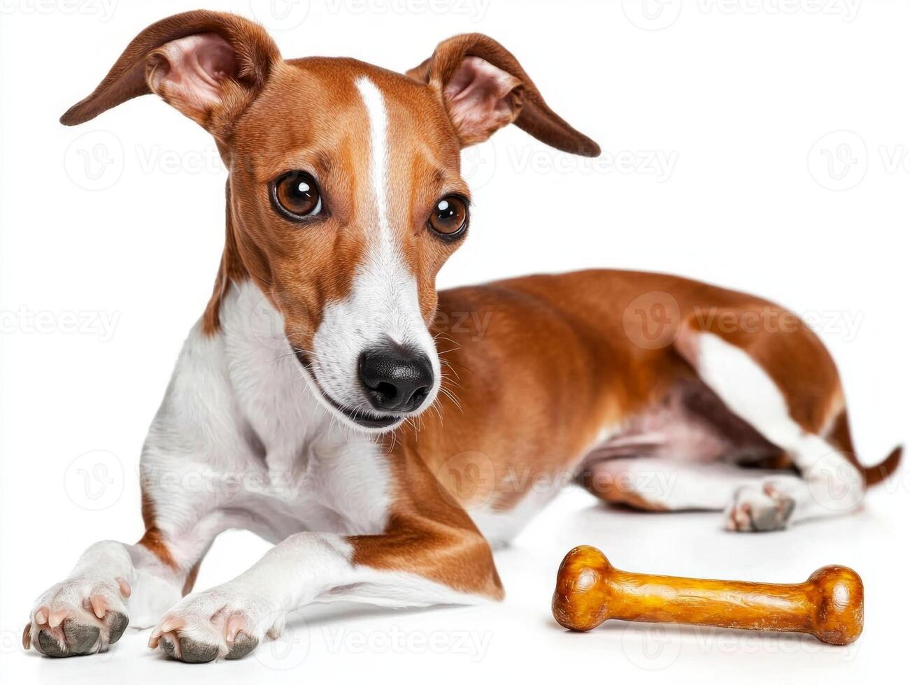 In clean and bright setting whippet is seen chewing on bone while lying down. dog's sleek fur and attentive expression highlight its playful nature photo