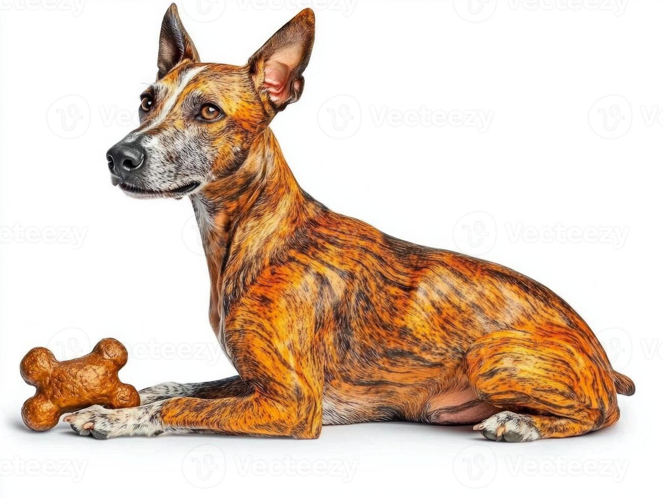 Whippet is captured in side view happily chewing on bone against stark white background photo