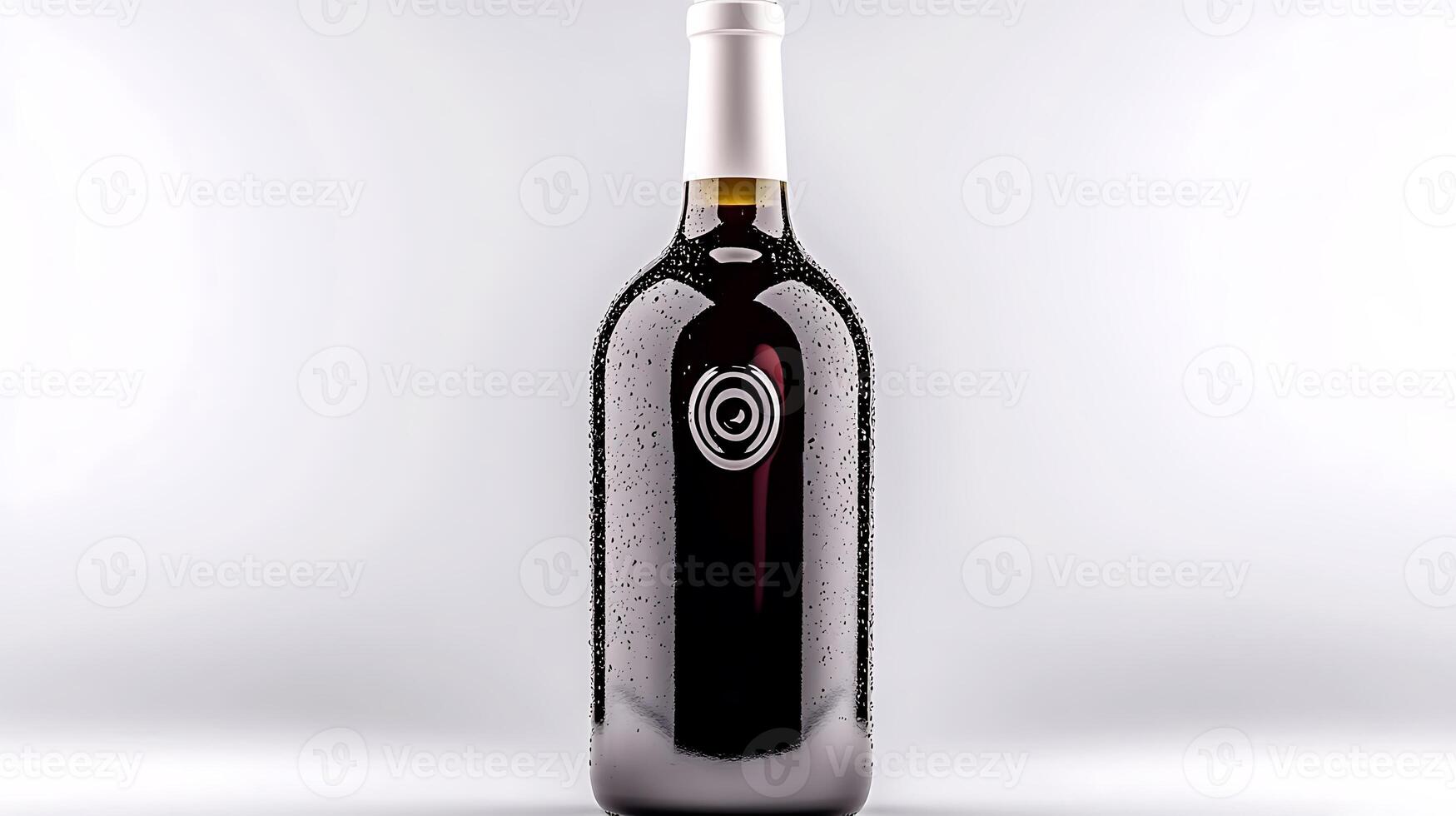 A bottle of wine with a white label photo