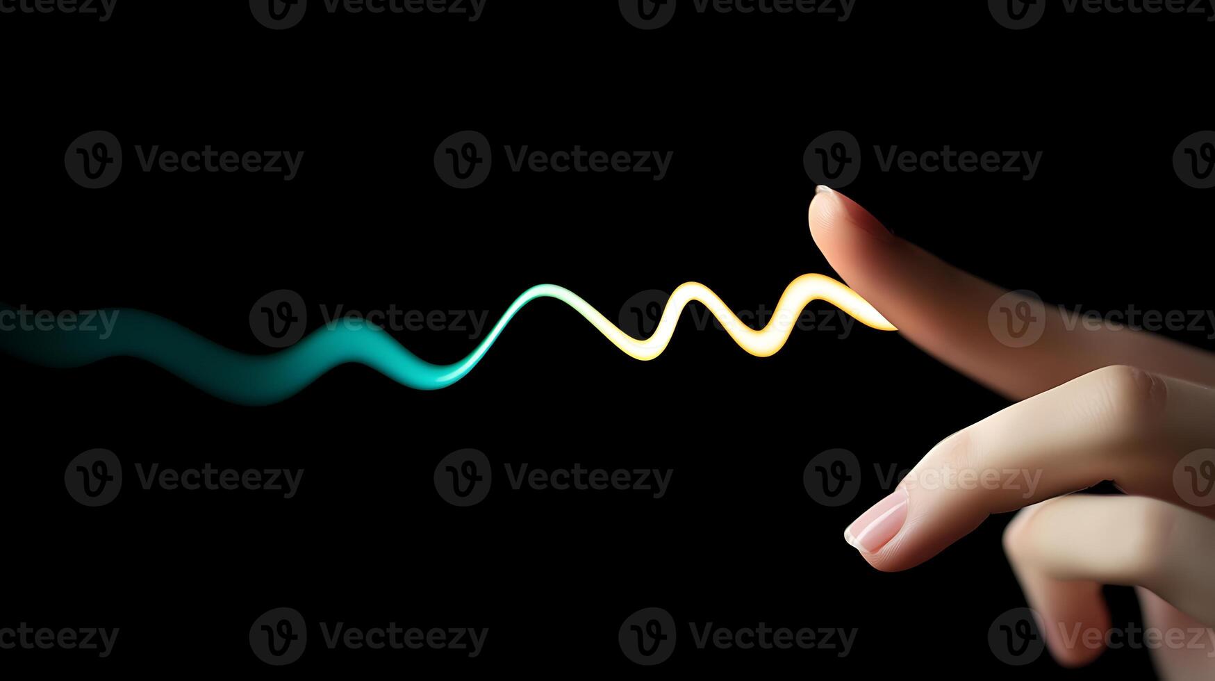 A close-up of a hand reaching out to touch colorful sound waves against a dark background photo