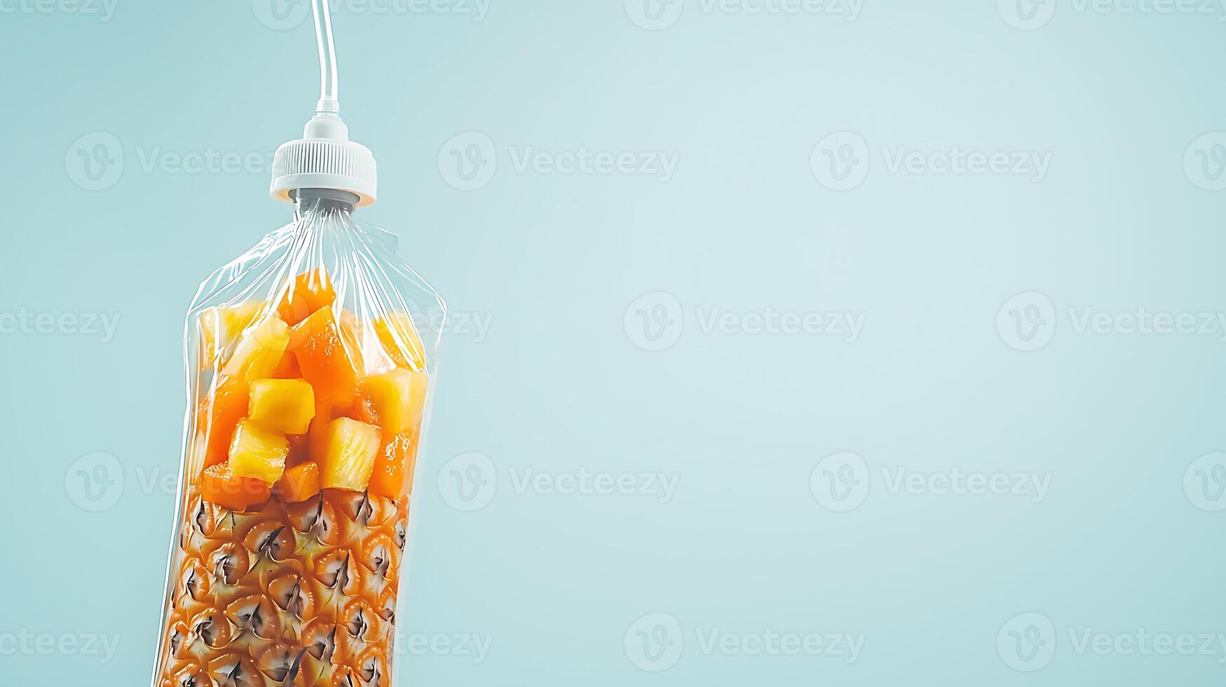A clear plastic bag filled with vibrant tropical fruits hanging against a light blue backdrop photo