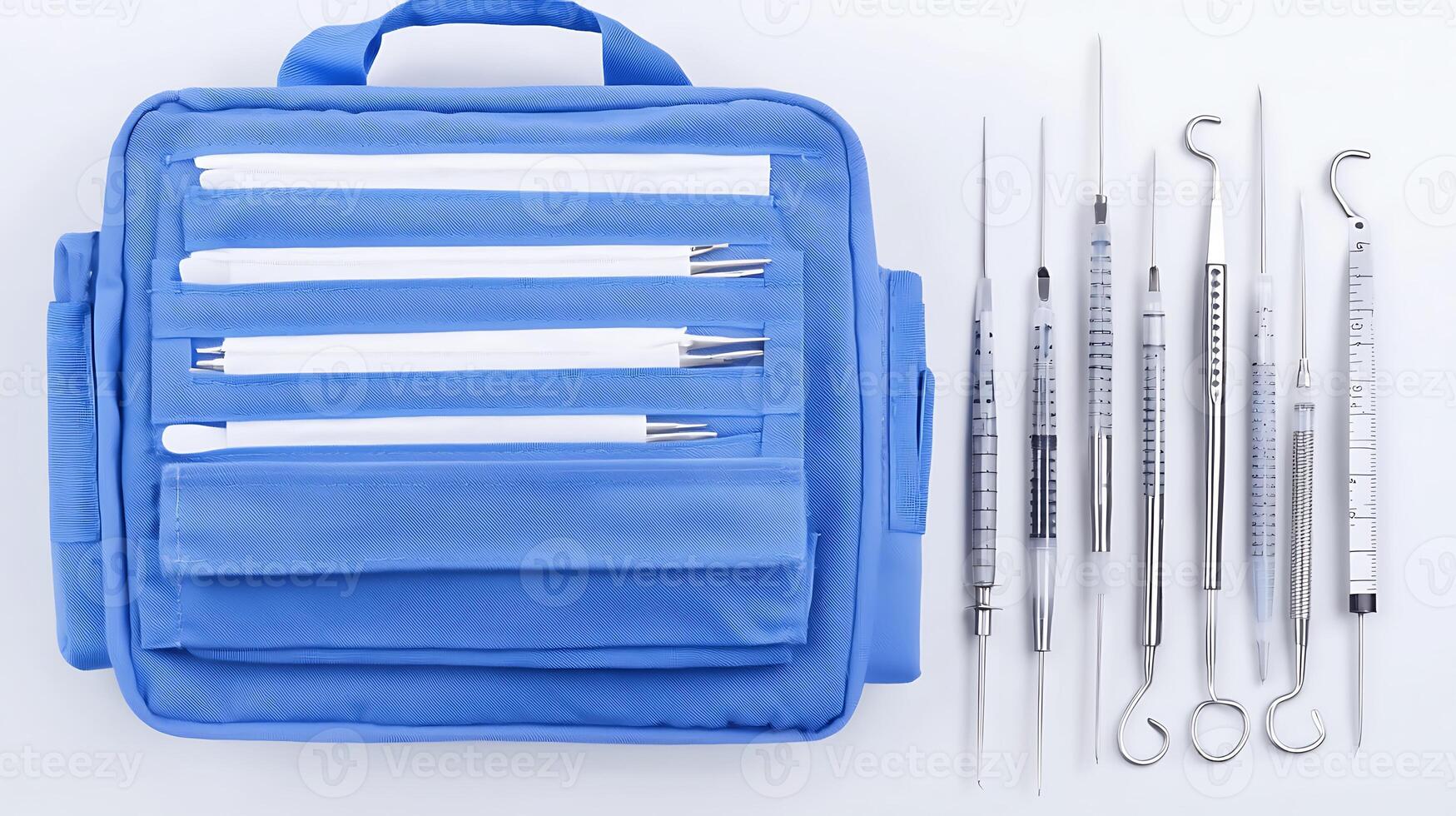 A blue medical bag with dental instruments neatly arranged beside it on a white background photo