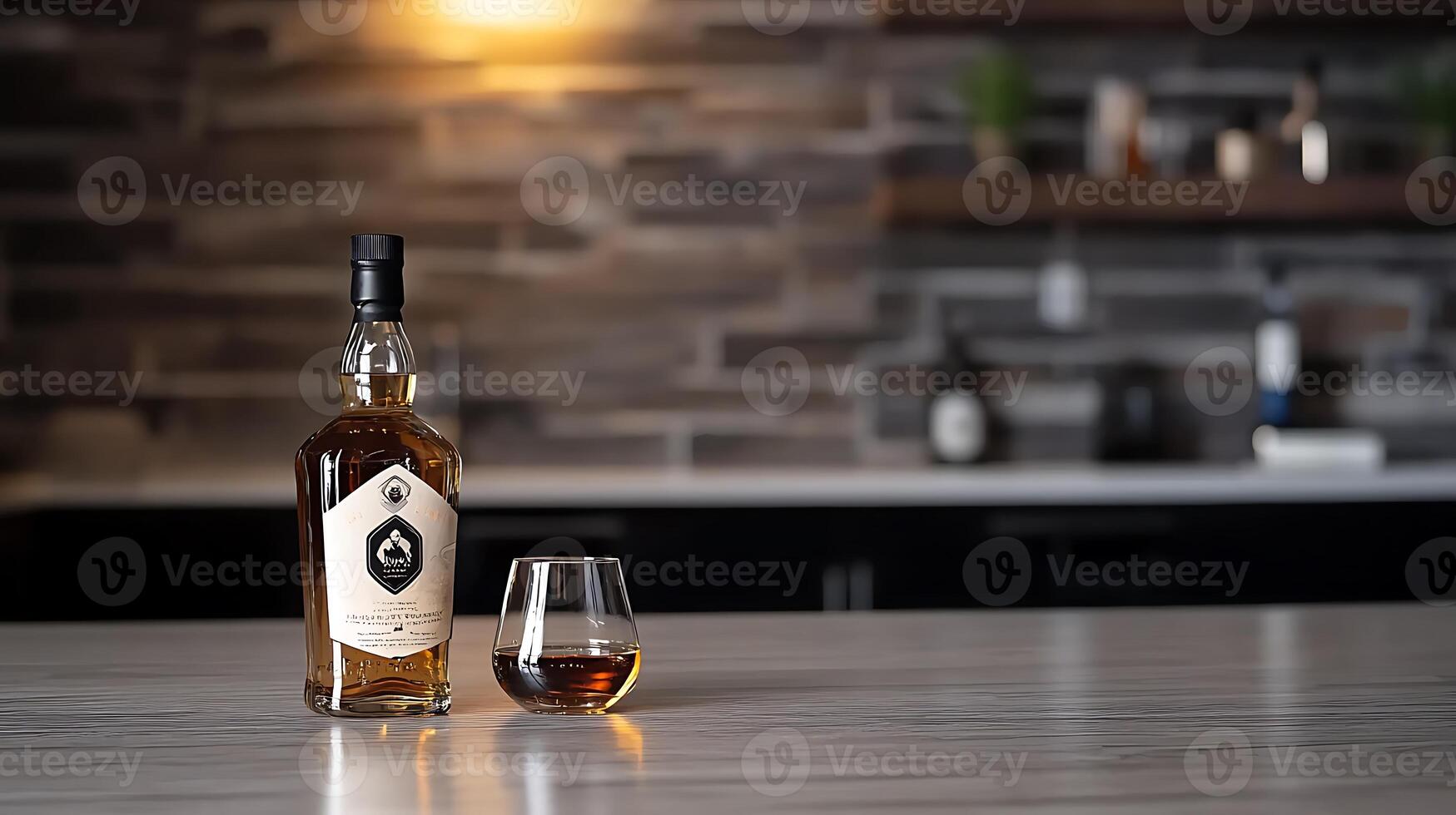 A bottle of whiskey and a glass on a marble countertop in a modern kitchen setting photo