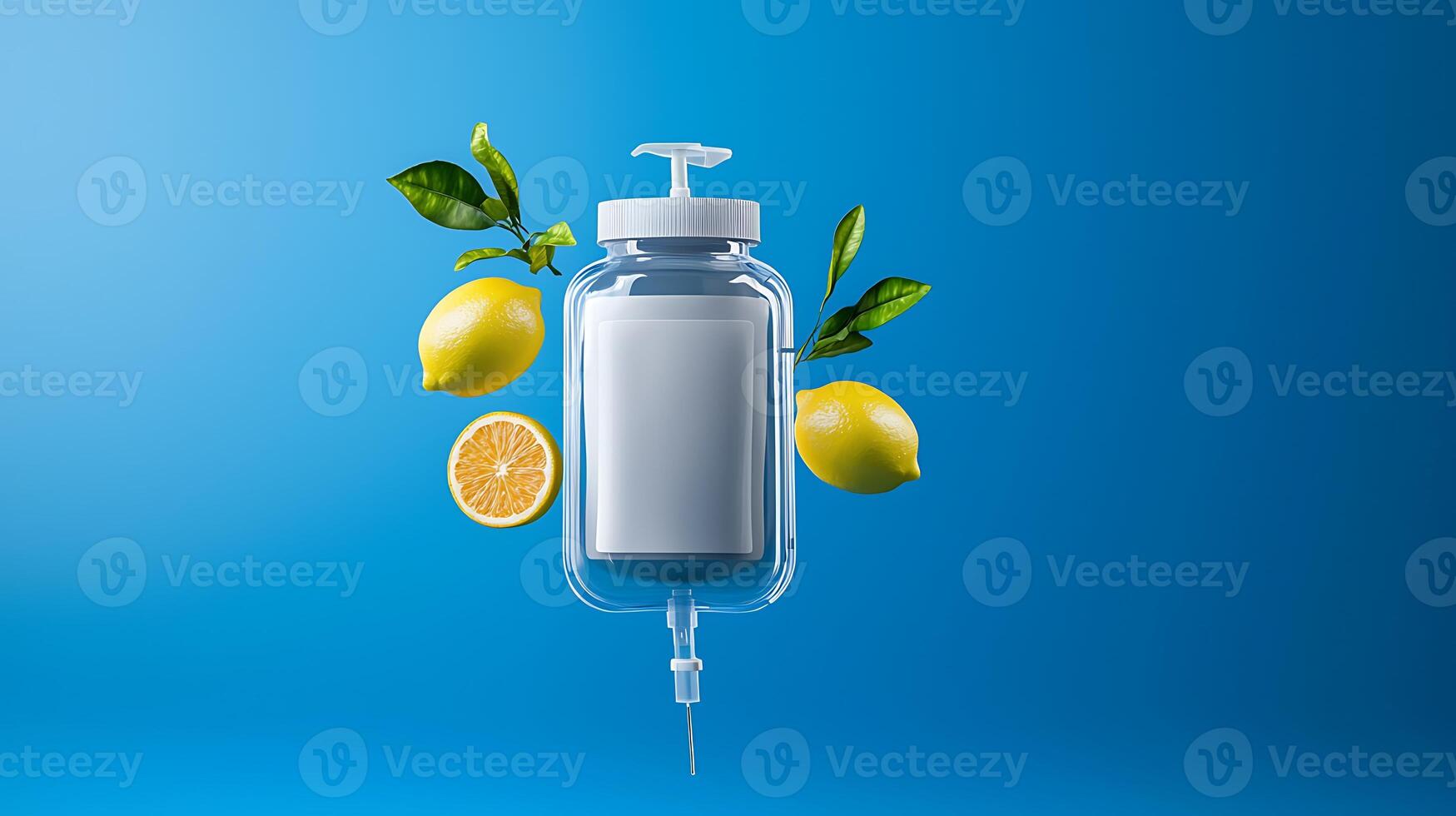 A clear bottle with a pump surrounded by fresh lemons and a lemon slice on a vibrant blue background photo