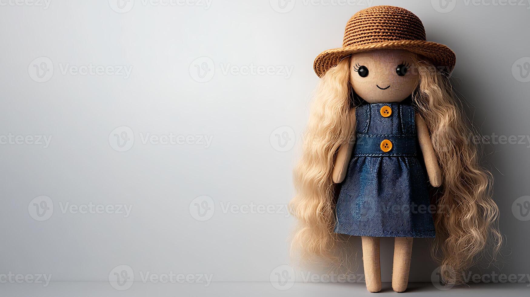 A charming handmade doll with long hair and a straw hat, standing against a minimalist background photo