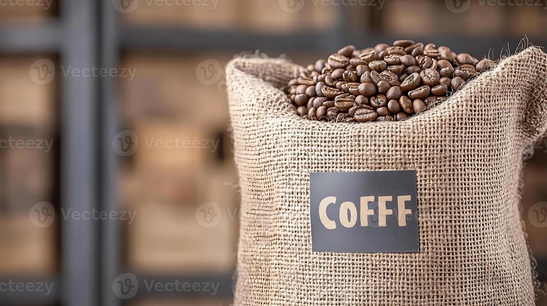 A burlap sack filled with coffee beans, placed in a rustic setting with wooden background elements photo