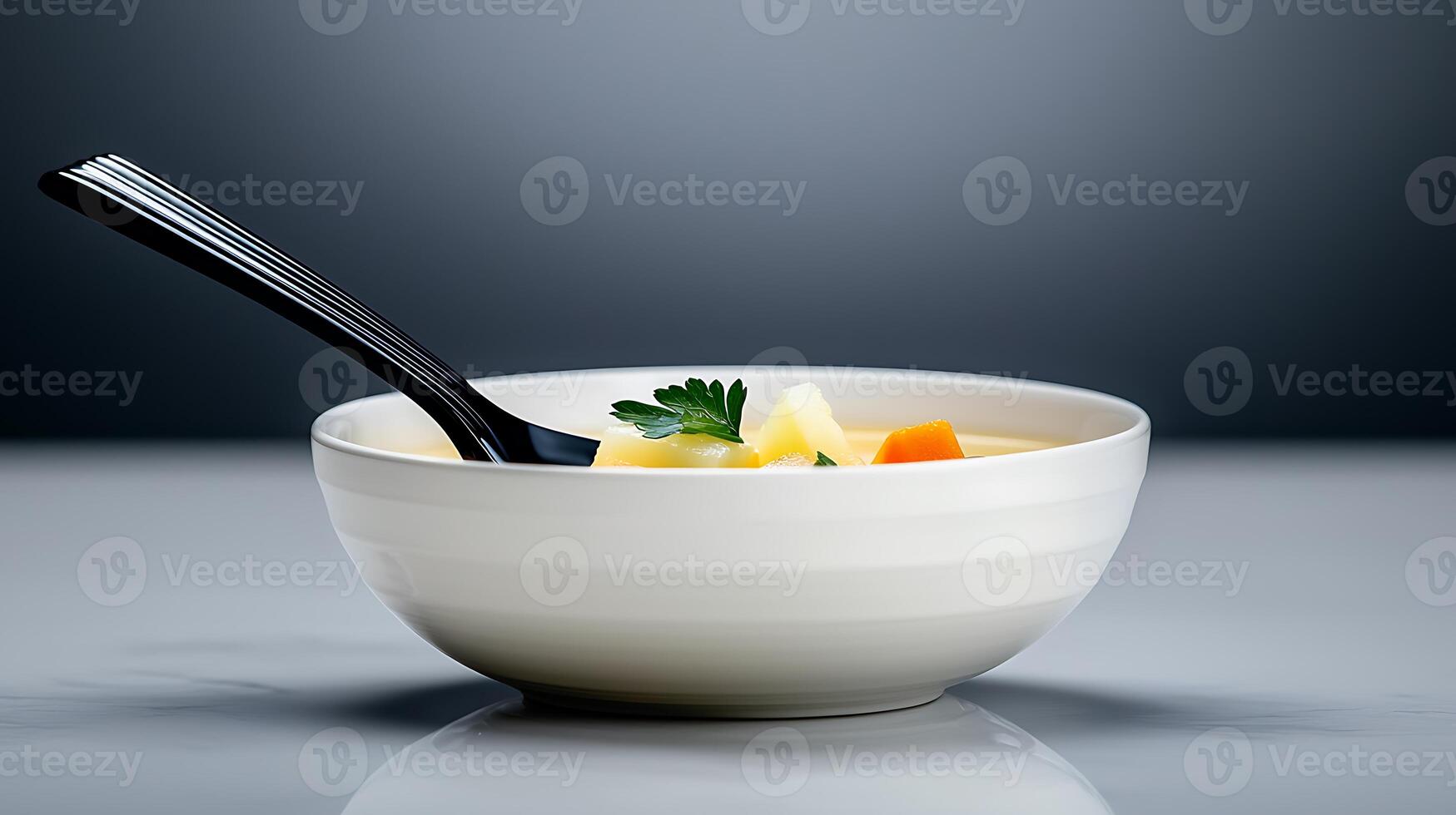 A bowl of soup with a spoon photo