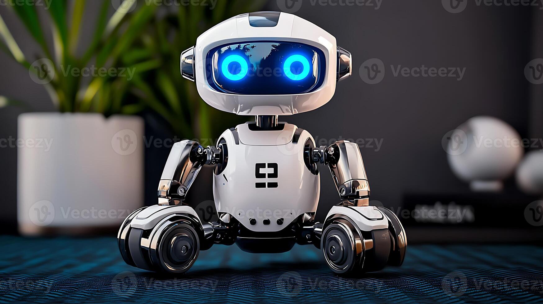 A robot with glowing eyes sits on a table photo