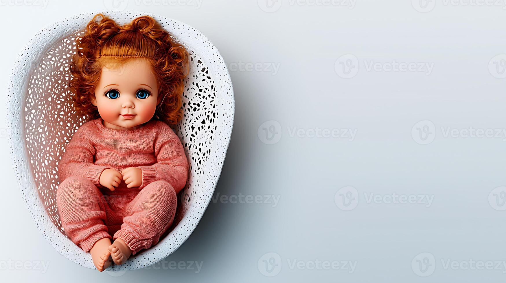 A charming doll with curly hair sits in a decorative bowl against a soft background photo