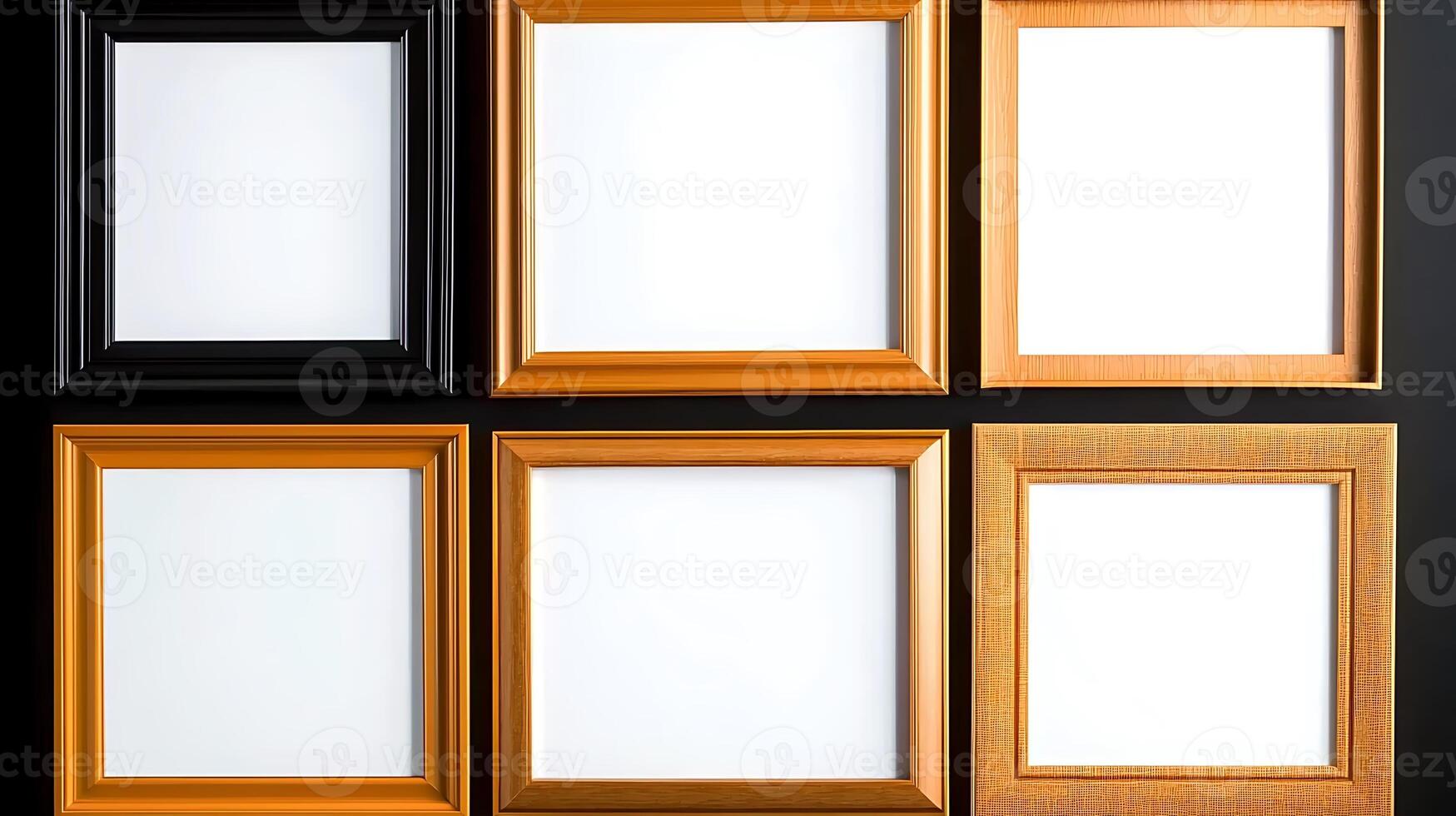 A collection of empty picture frames arranged in a grid, showcasing various styles and finishes photo