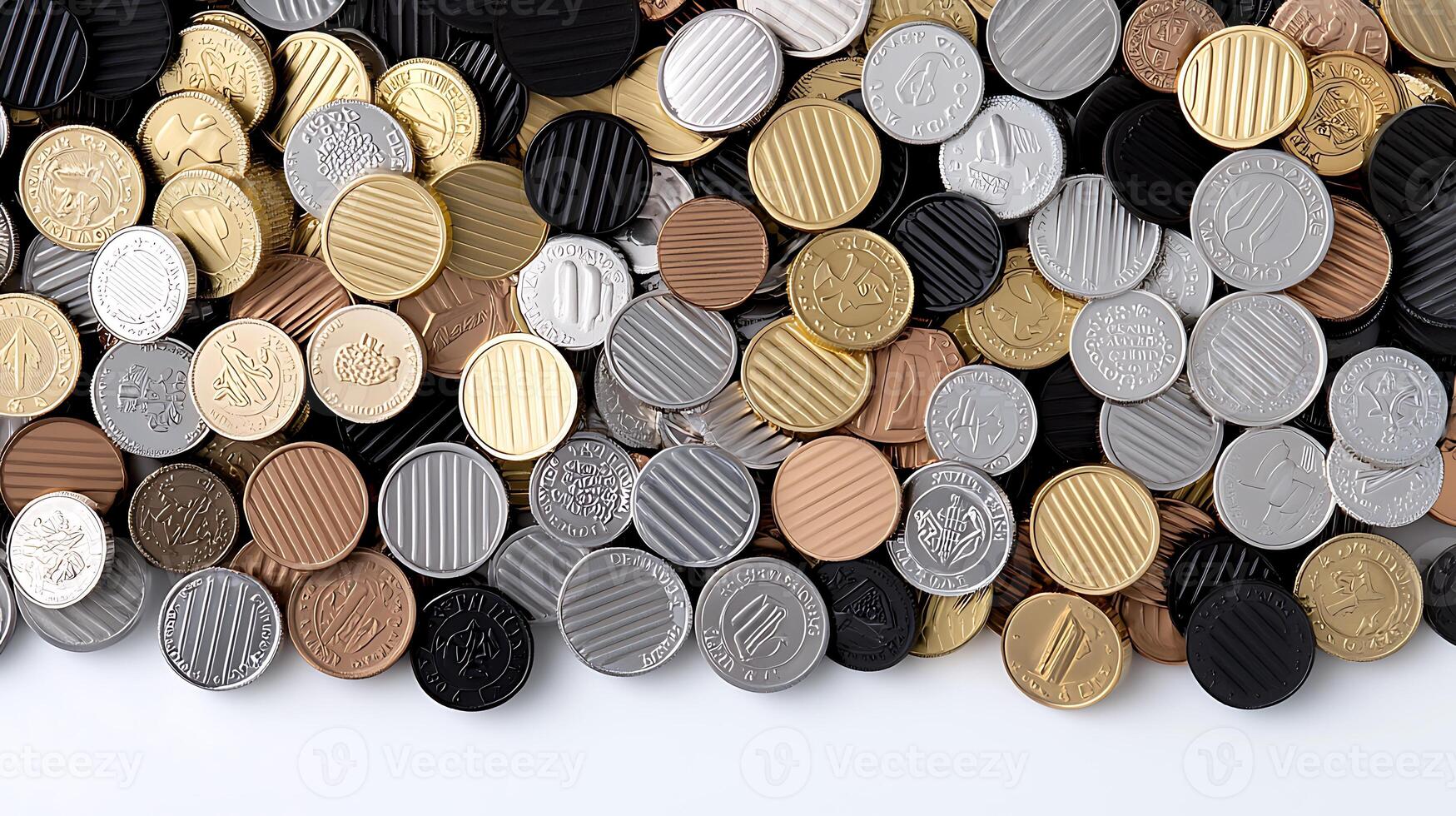 A close-up view of a diverse collection of coins scattered on a surface, showcasing their unique designs and textures photo